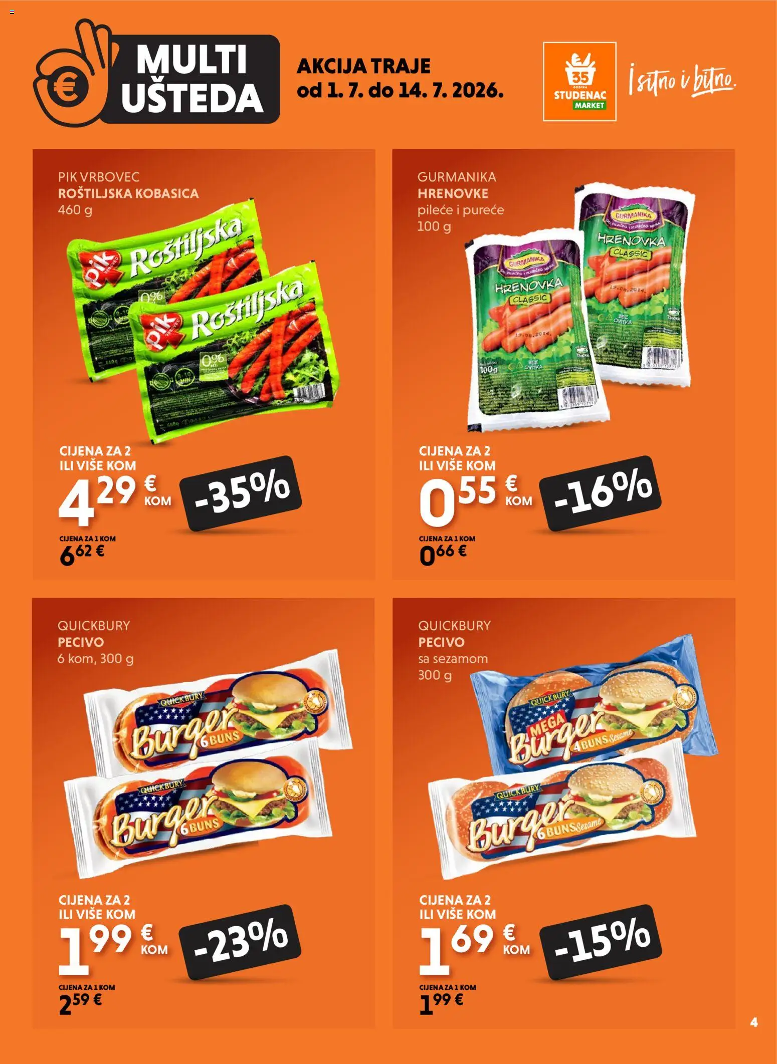 Studenac katalog | vrijedi od 01.07.2026 | Stranica: 4 | Proizvodi: Hrenovke, Kobasica, Pik Vrbovec, Pecivo