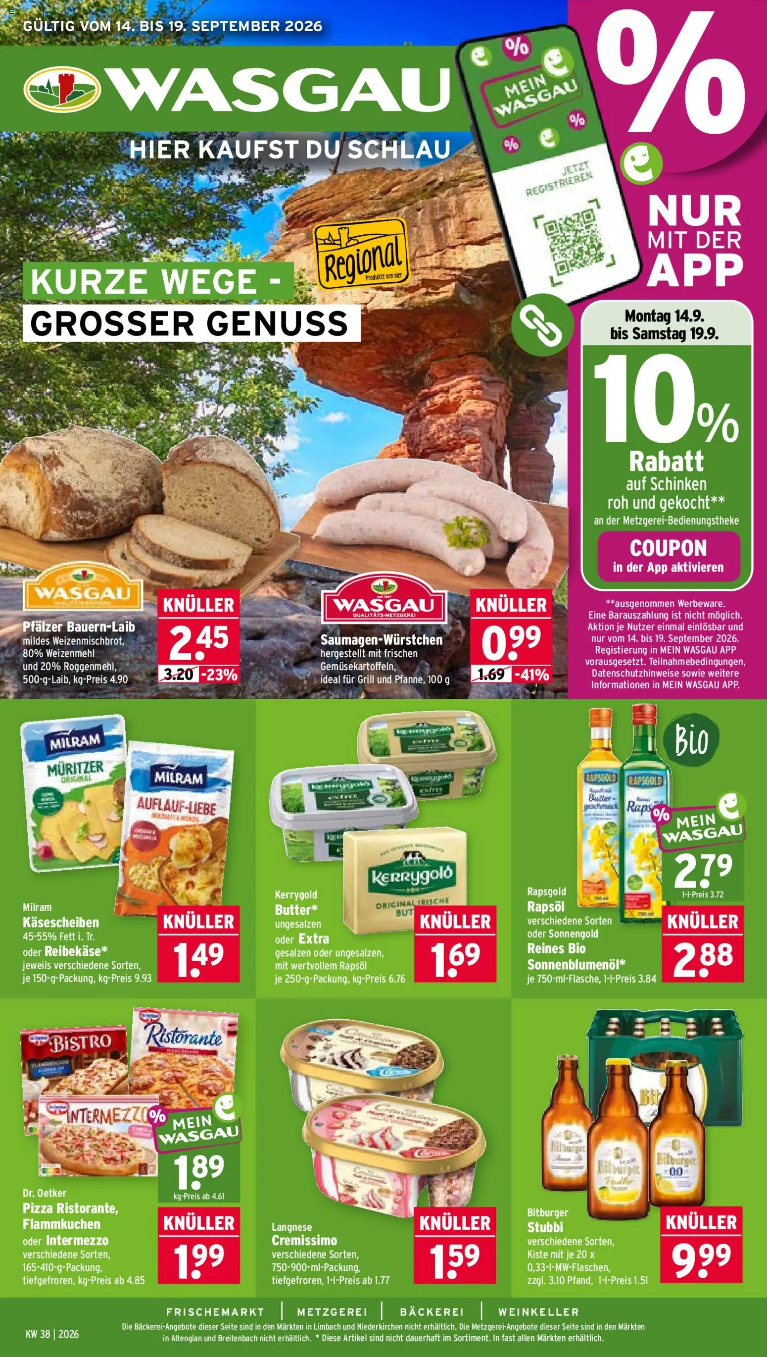 Wasgau Prospekt – gültig ab 14.09.2026 | Seite: 1 | Produkte: Langnese, Cremissimo, Milram, Schinken