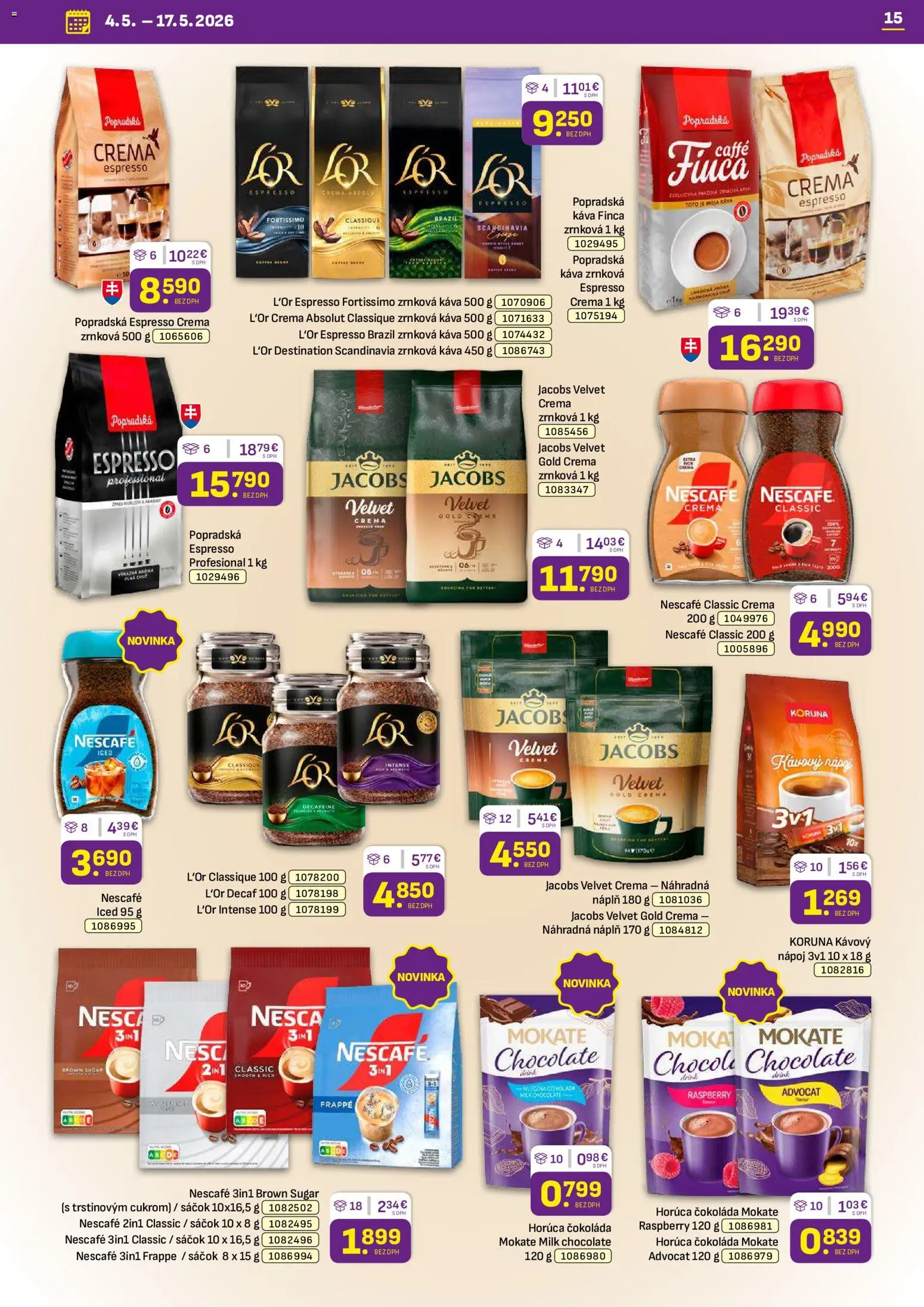Nové Libex akcie – leták je platný od 04.05.2026 | Strana: 15 | Produkty: Jacobs Velvet, Čokoláda, Nescafé Crema, Zrnková káva