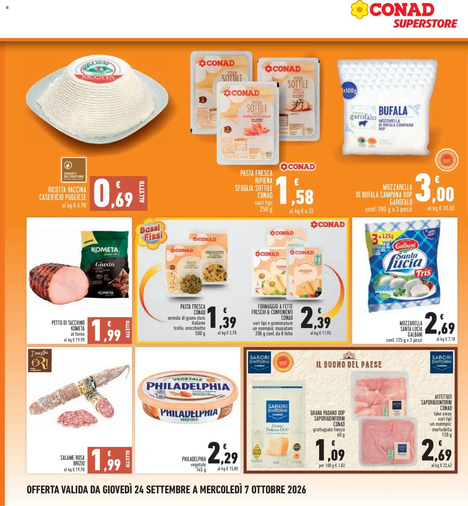 Volantino Conad del 24/09/2026 | Pagina: 12 | Prodotti: Formaggio a fette, Prosciutto, Pasta, Mozzarella santa lucia
