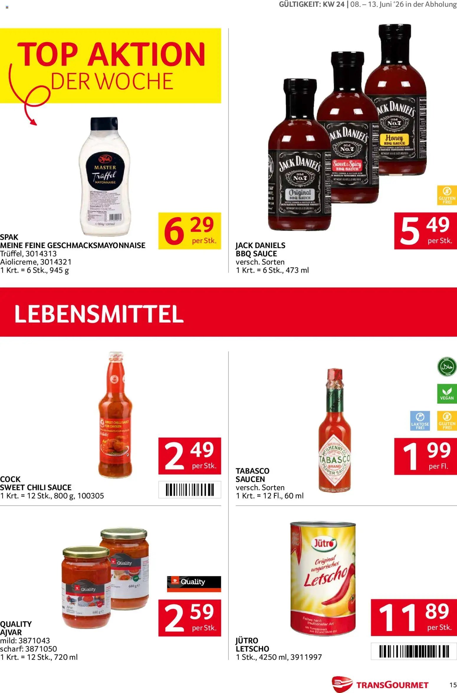 Transgourmet Flugblatt gültig ab 08.06.2026 | Seite: 15 | Produkte: Mayonnaise, Chili, Libacomb