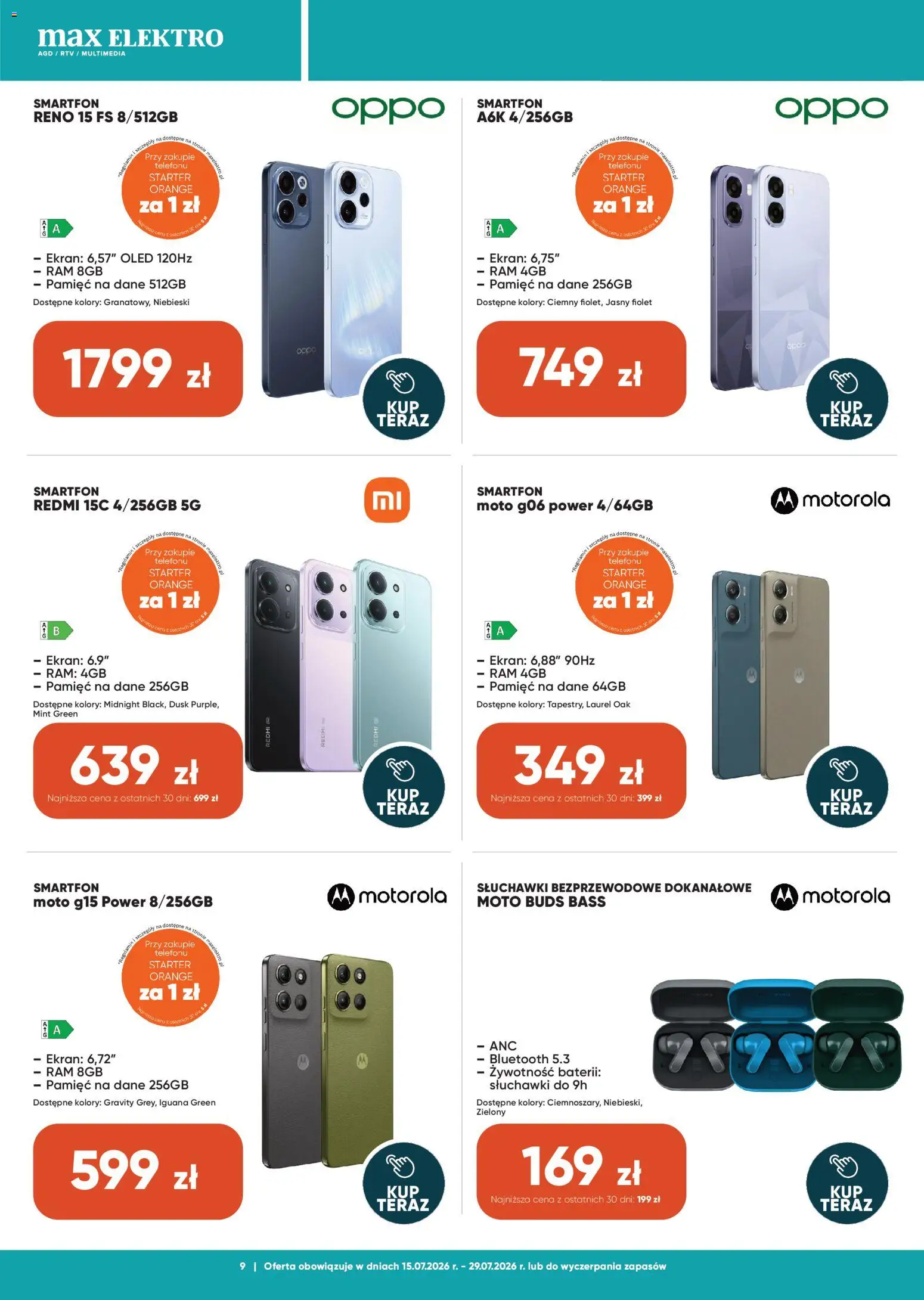 Max elektro gazetka od 15.07.2026 | Strona: 9 | Produkty: Smartfon, Starter, Słuchawki, Słuchawki bezprzewodowe