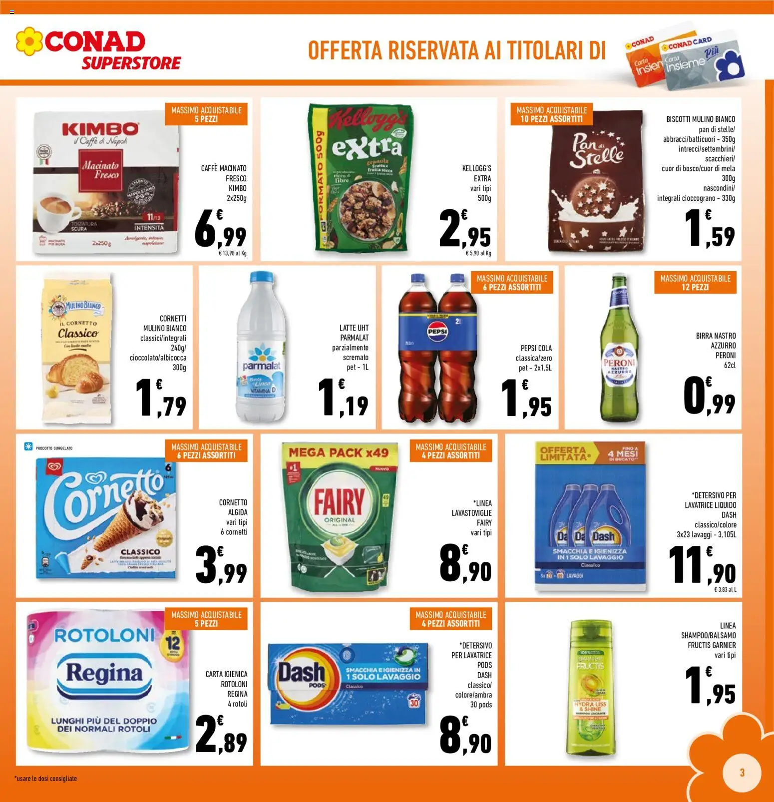 Volantino Conad del 26/08/2026 | Pagina: 3 | Prodotti: Carta igienica, Biscotti, Lavastoviglie, Caffè macinato