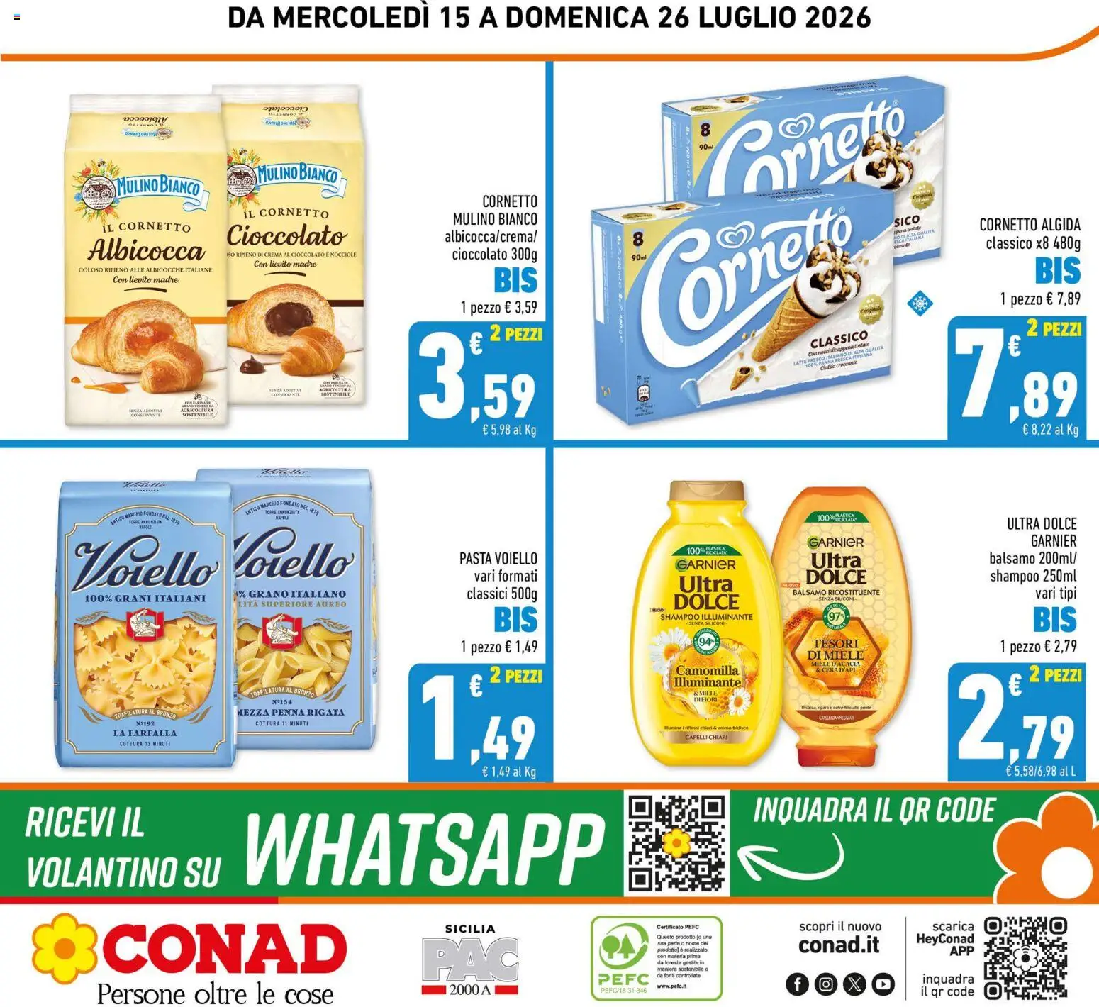 Volantino Conad del 15/07/2026 | Pagina: 24 | Prodotti: Shampoo, Cornetto, Pasta, Miele