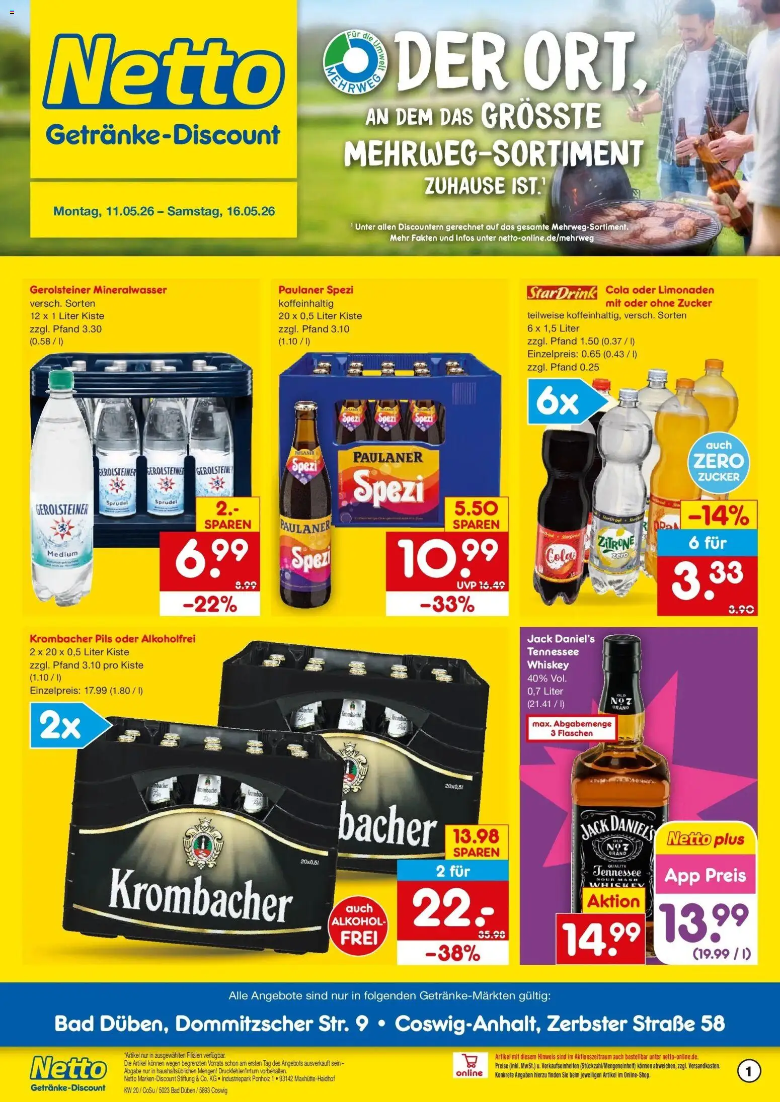 Netto Marken-Discount Prospekt Bad Düben	 – gültig ab 10.05.2026 | Seite: 1 | Produkte: Paulaner spezi, Mineralwasser, Zitrone, Gerolsteiner