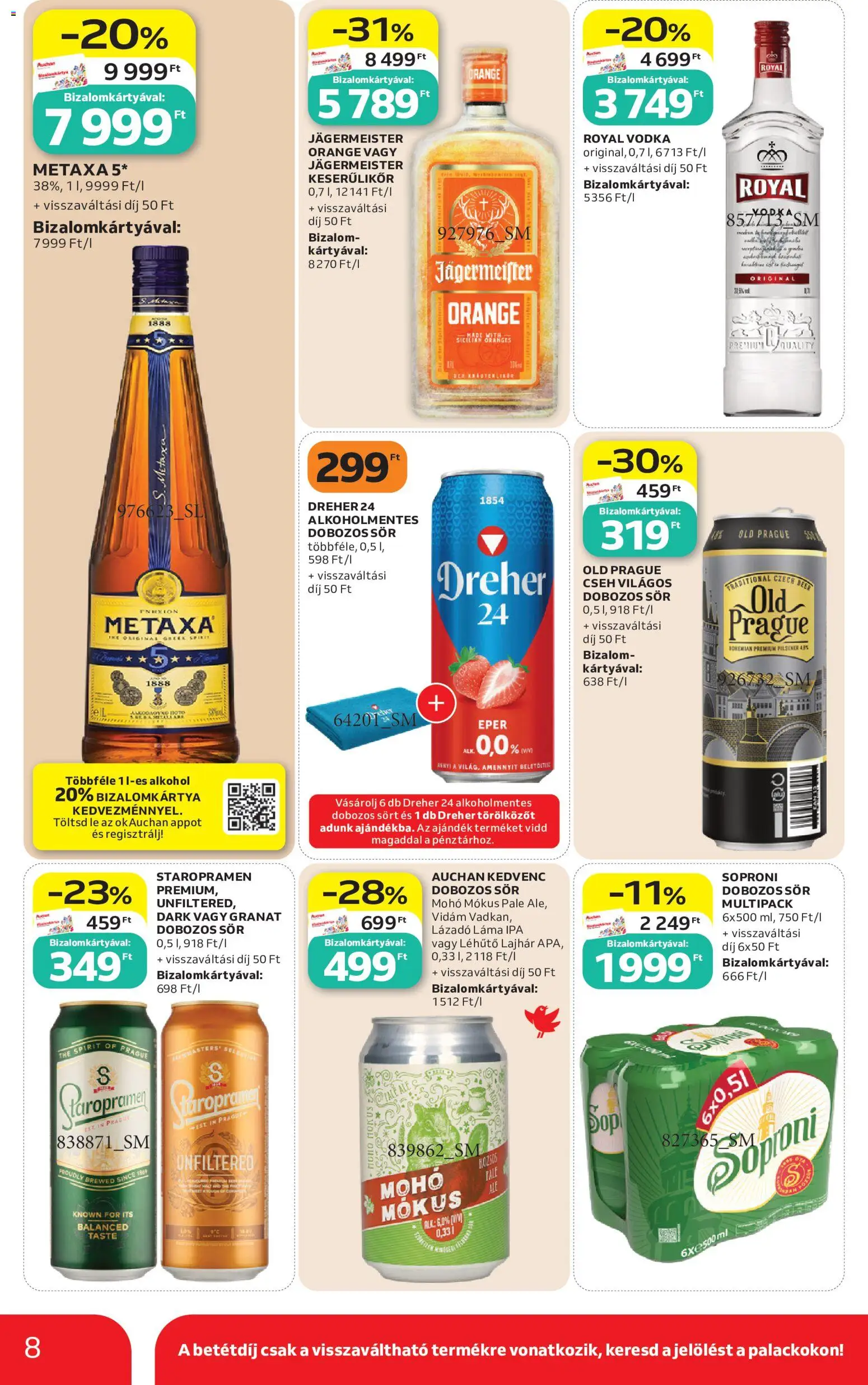 Auchan akciós ujság - amely érvényes a következő dátumtól: 2026.07.30. | Oldal: 8 | Termékek: Metaxa, Brandy, Dobozos sör, Sör