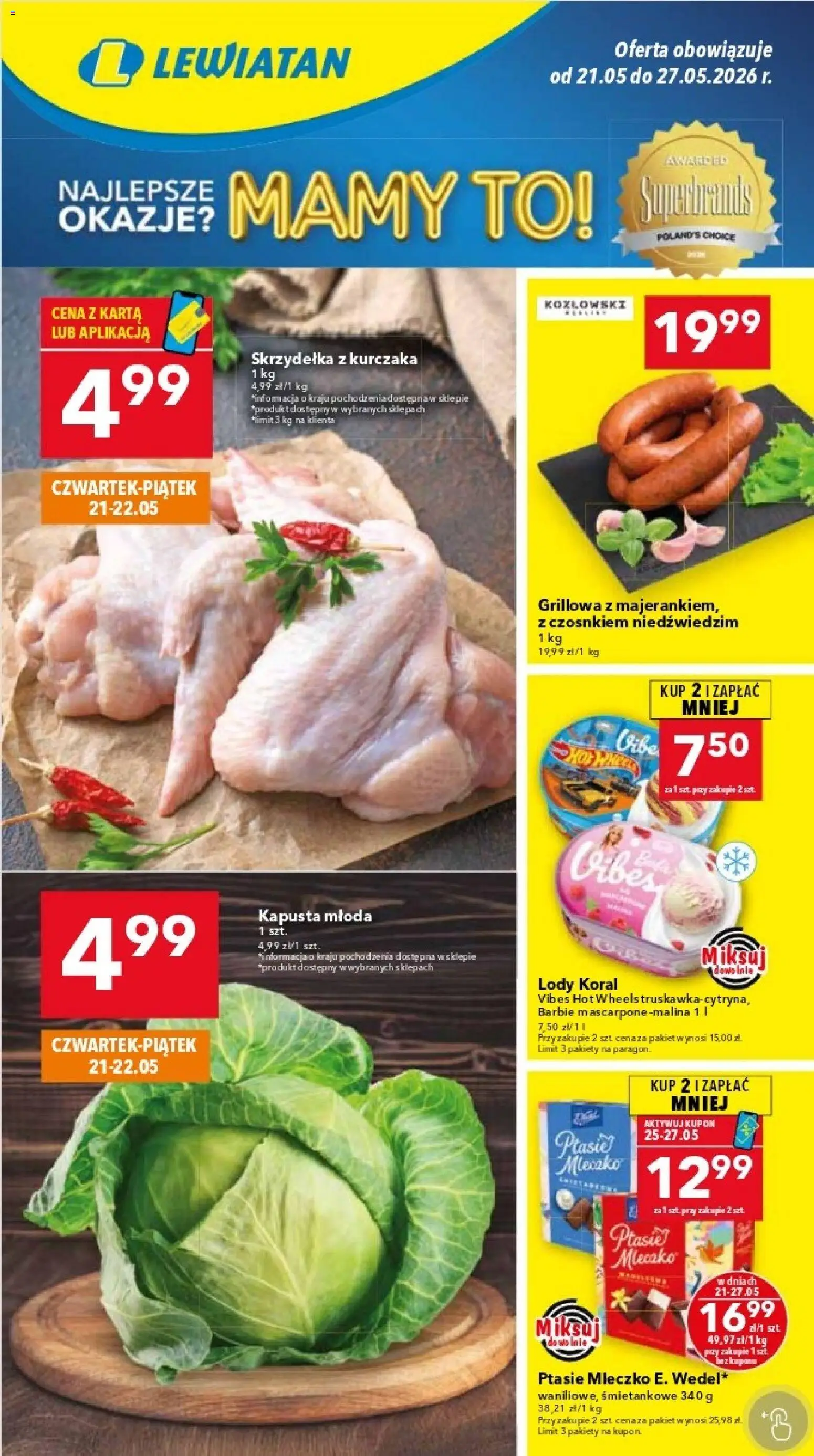 Lewiatan gazetka - Warszawa od 21.05.2026 | Strona: 1 | Produkty: Karta, Barbie, Ptasie mleczko, Lody koral