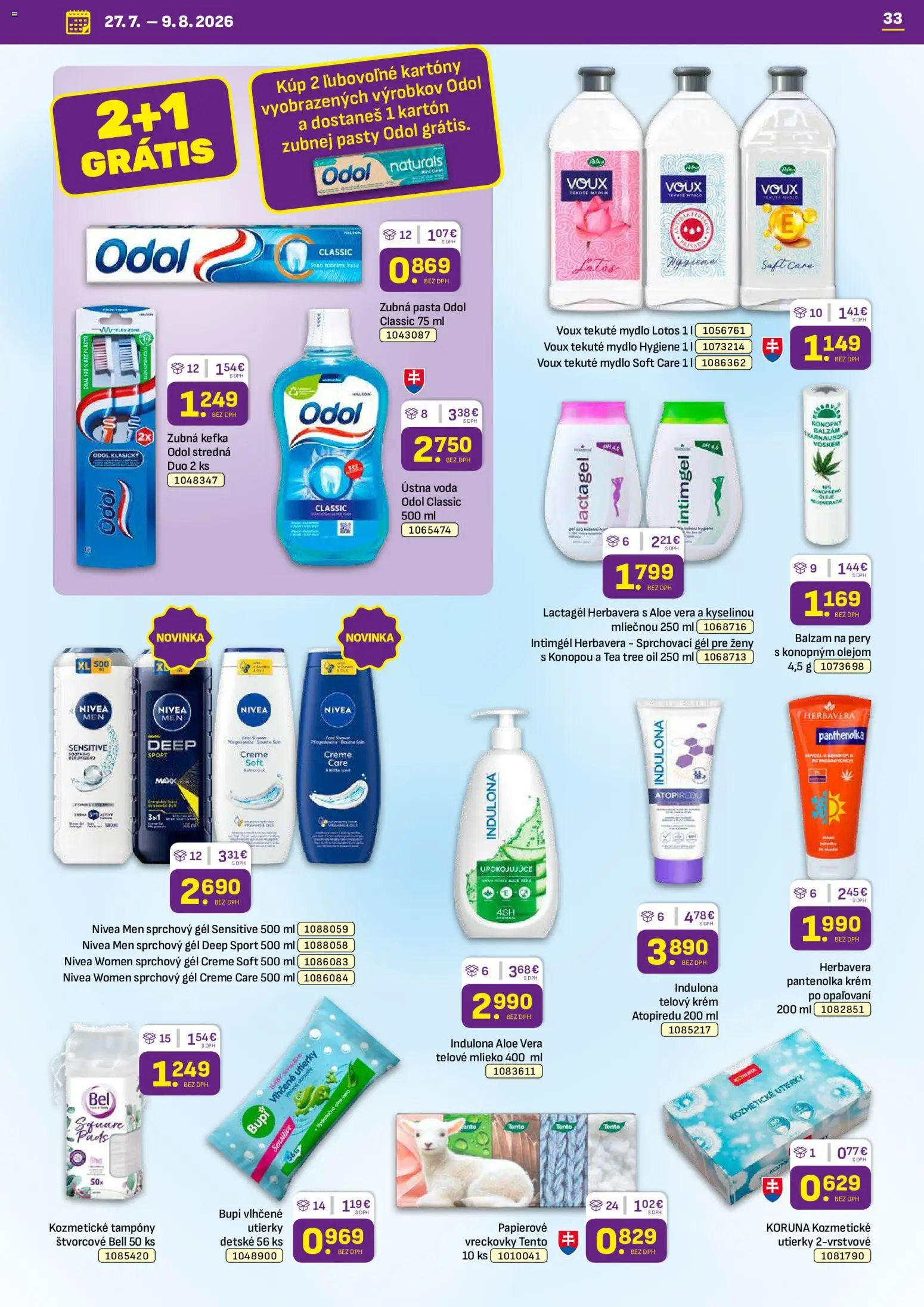 Nové Libex akcie – leták je platný od 27.07.2026 | Strana: 33 | Produkty: Zubná kefka, Telový krém, Mydlo, Vreckovky