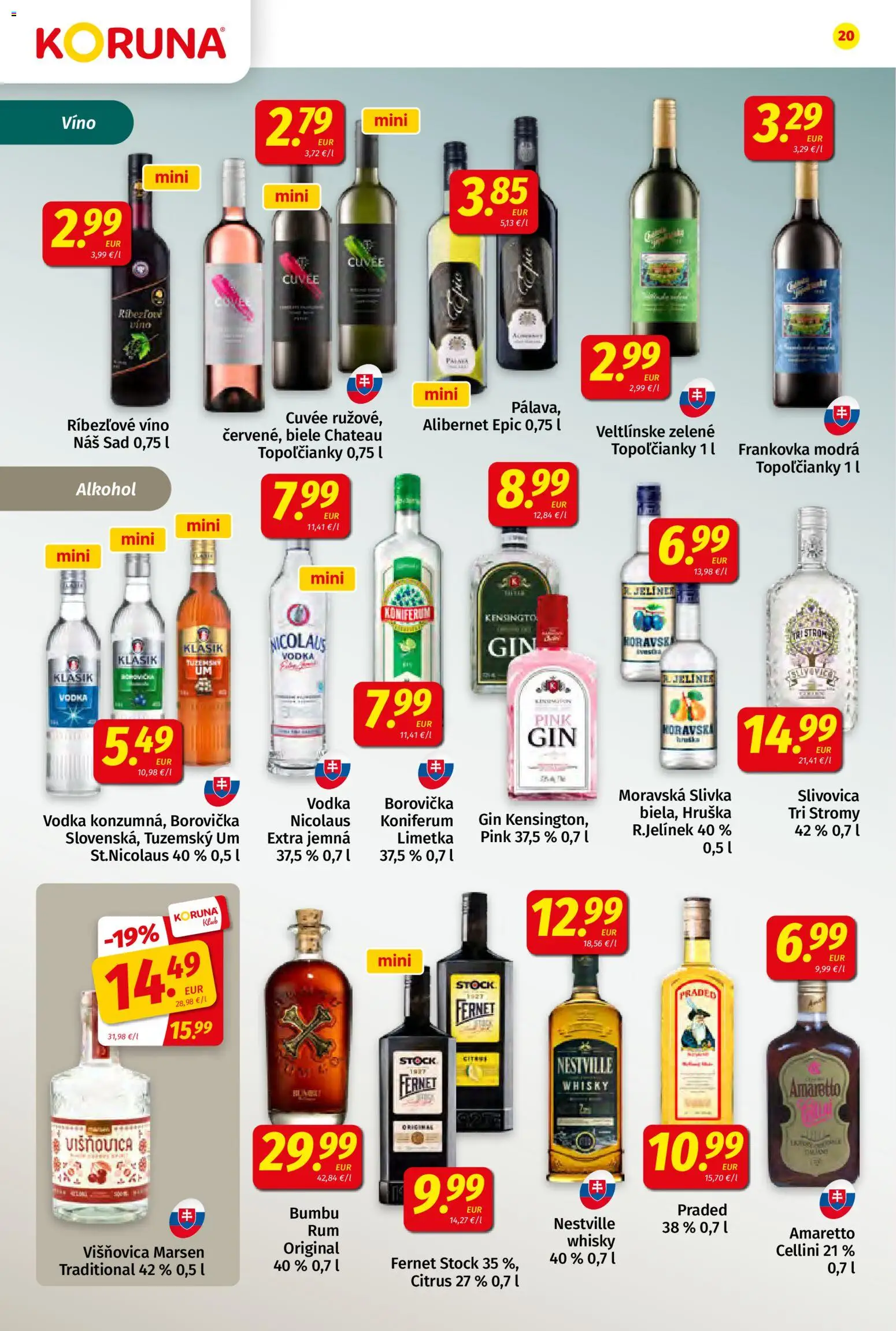 Nové Koruna akcie – leták je platný od 09.10.2026 | Strana: 20 | Produkty: Amaretto, Gin, Whisky, Fernet Stock