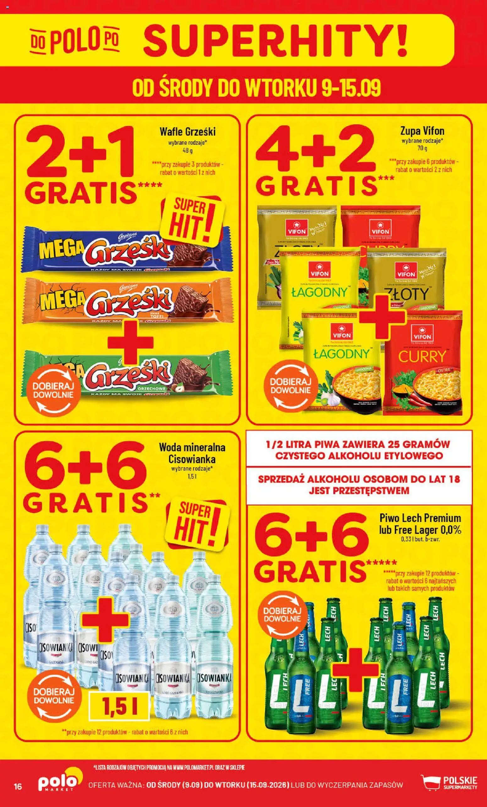 POLOmarket gazetka od 09.09.2026 | Strona: 16 | Produkty: Cisowianka, Lech, Wafle, Piwo