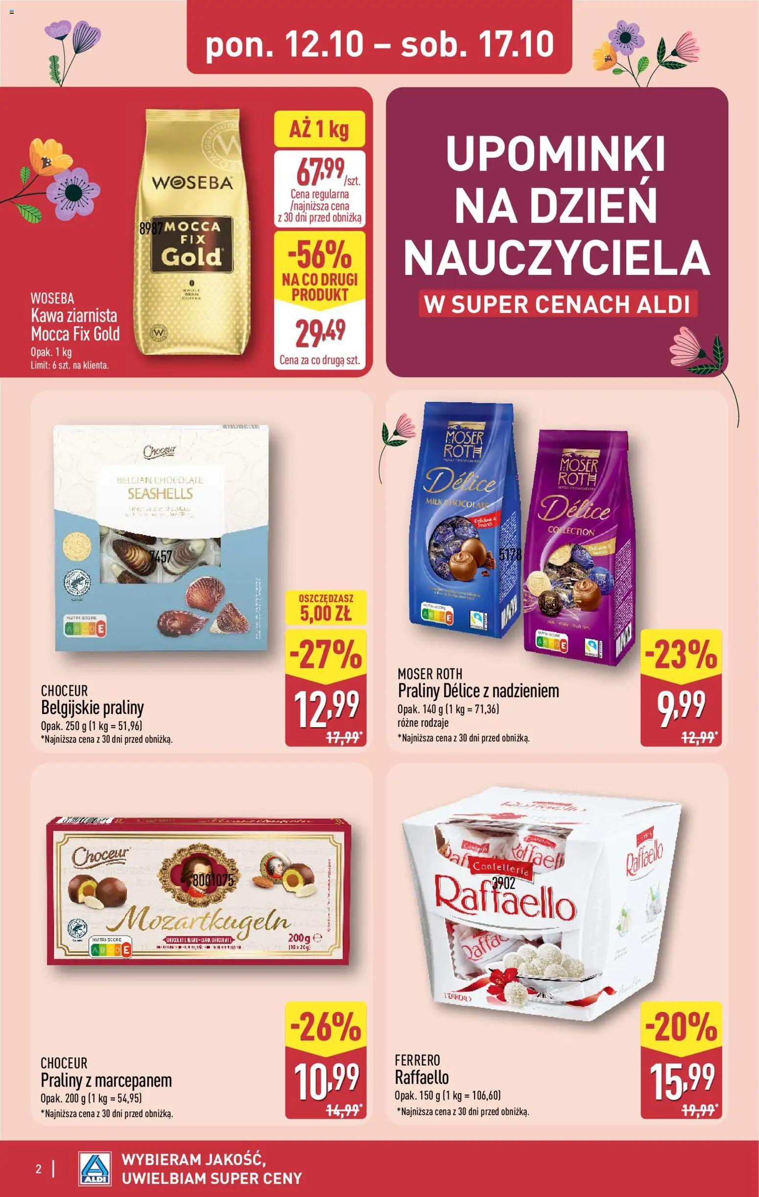 Aldi gazetka - Dzień nauczyciela od 12.10.2026 | Strona: 2 | Produkty: Raffaello, Praliny, Kawa ziarnista, Kawa