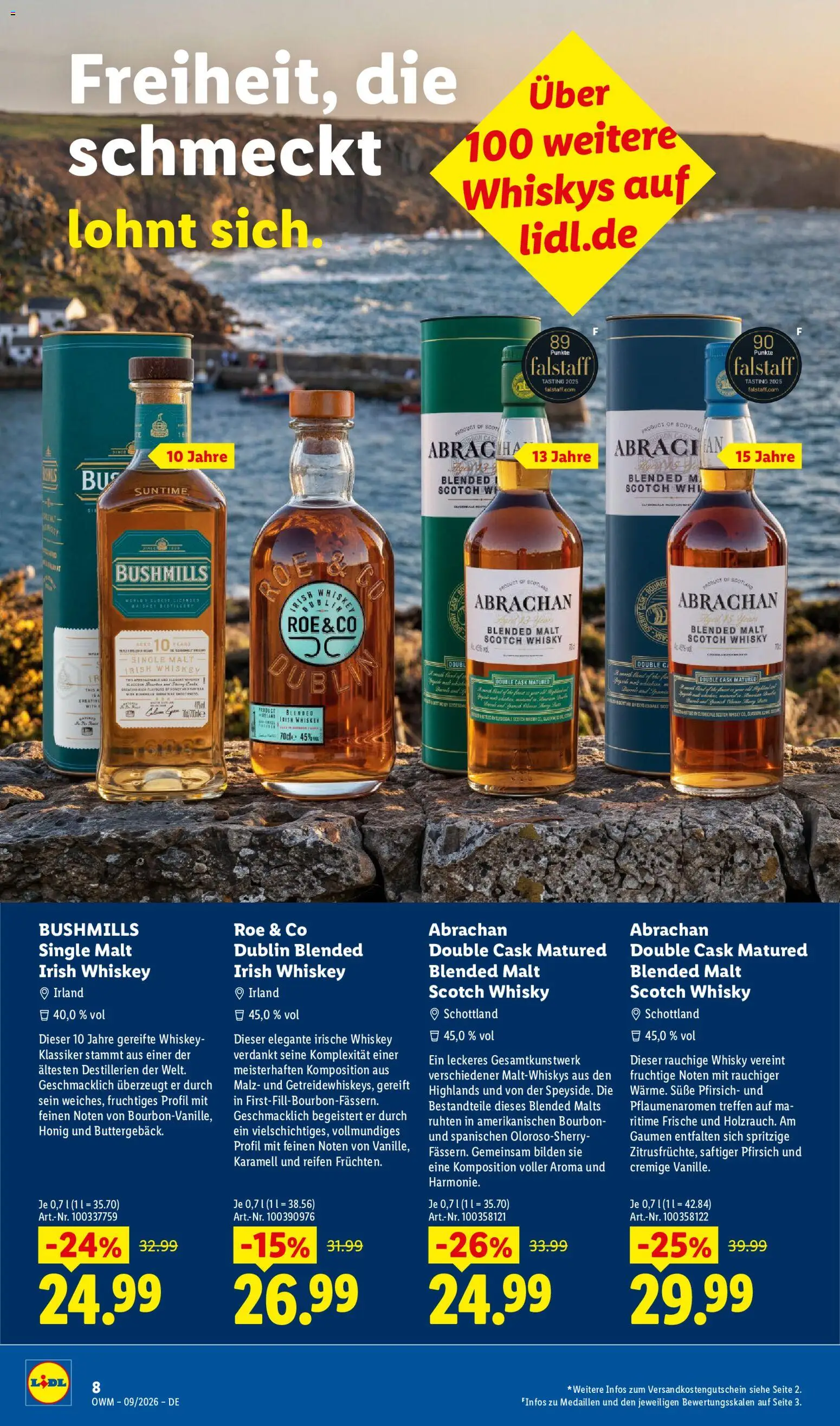 Lidl Wein & Spirituosen – gültig ab 01.09.2026 | Seite: 8 | Produkte: Whisky, Pfirsich, Bourbon, Whiskey