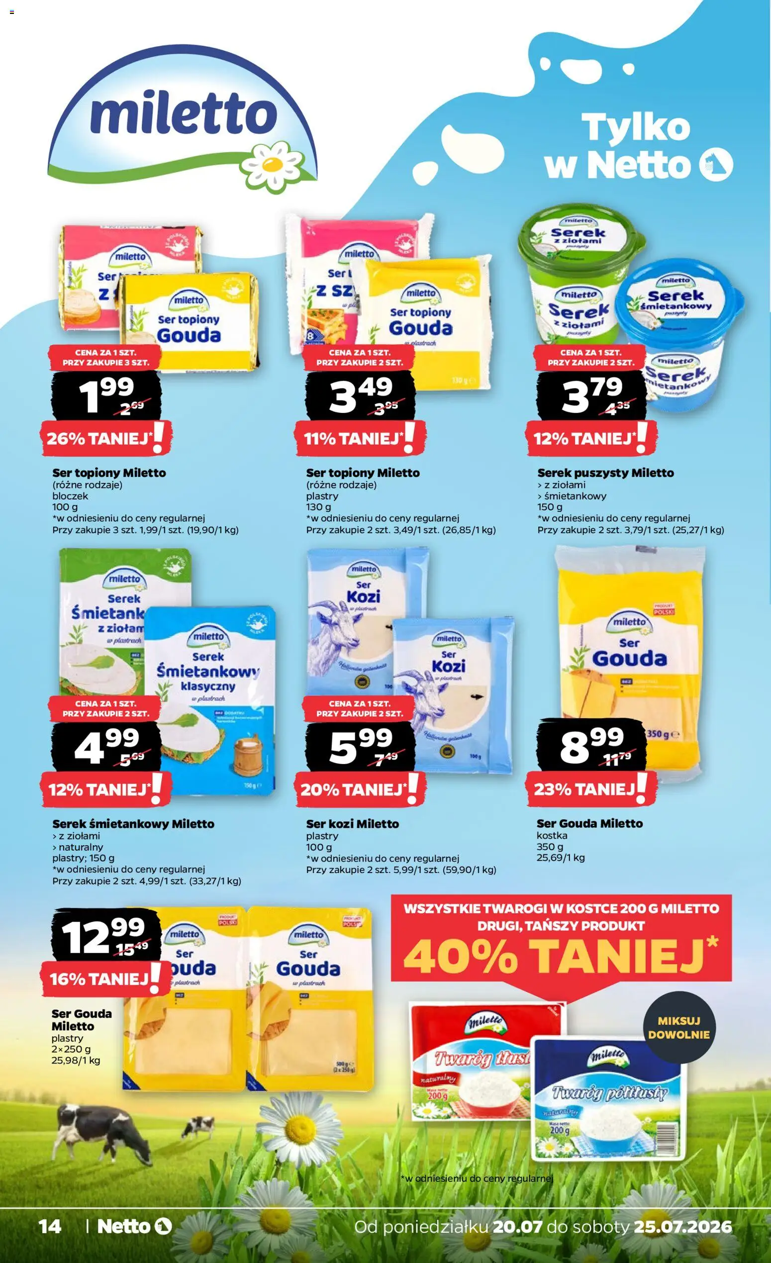 Netto gazetka od poniedziałku od 20.07.2026 | Strona: 14 | Produkty: Serek śmietankowy, Ser kozi, Ser, Ser gouda