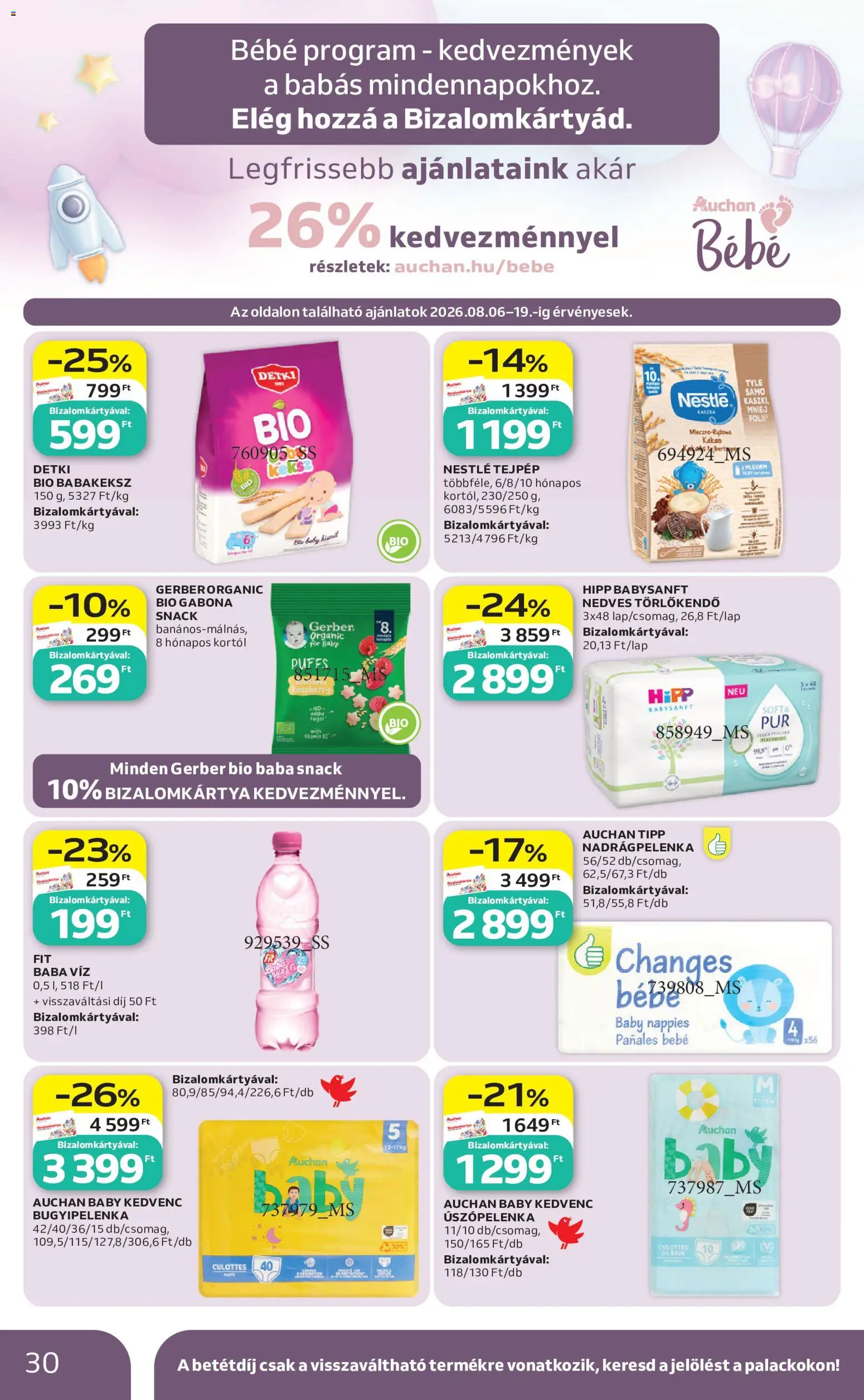 Auchan akciós ujság - amely érvényes a következő dátumtól: 2026.08.06. | Oldal: 30 | Termékek: Baba víz, Nestlé, Baba, Detki