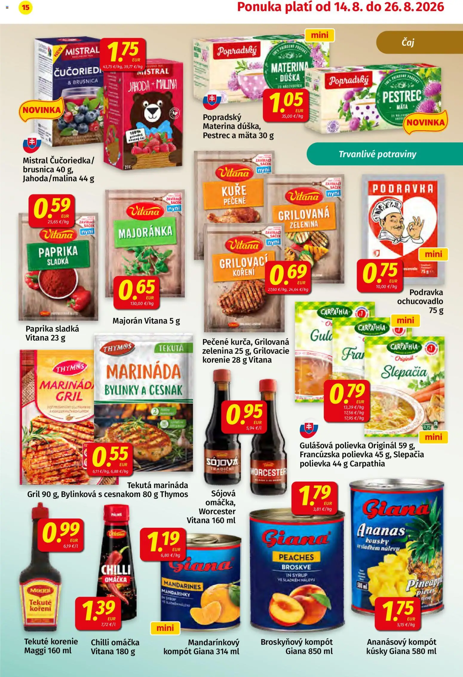 Nové Koruna akcie – leták je platný od 14.08.2026 | Strana: 15 | Produkty: Gril, Mandarinky, Korenie
