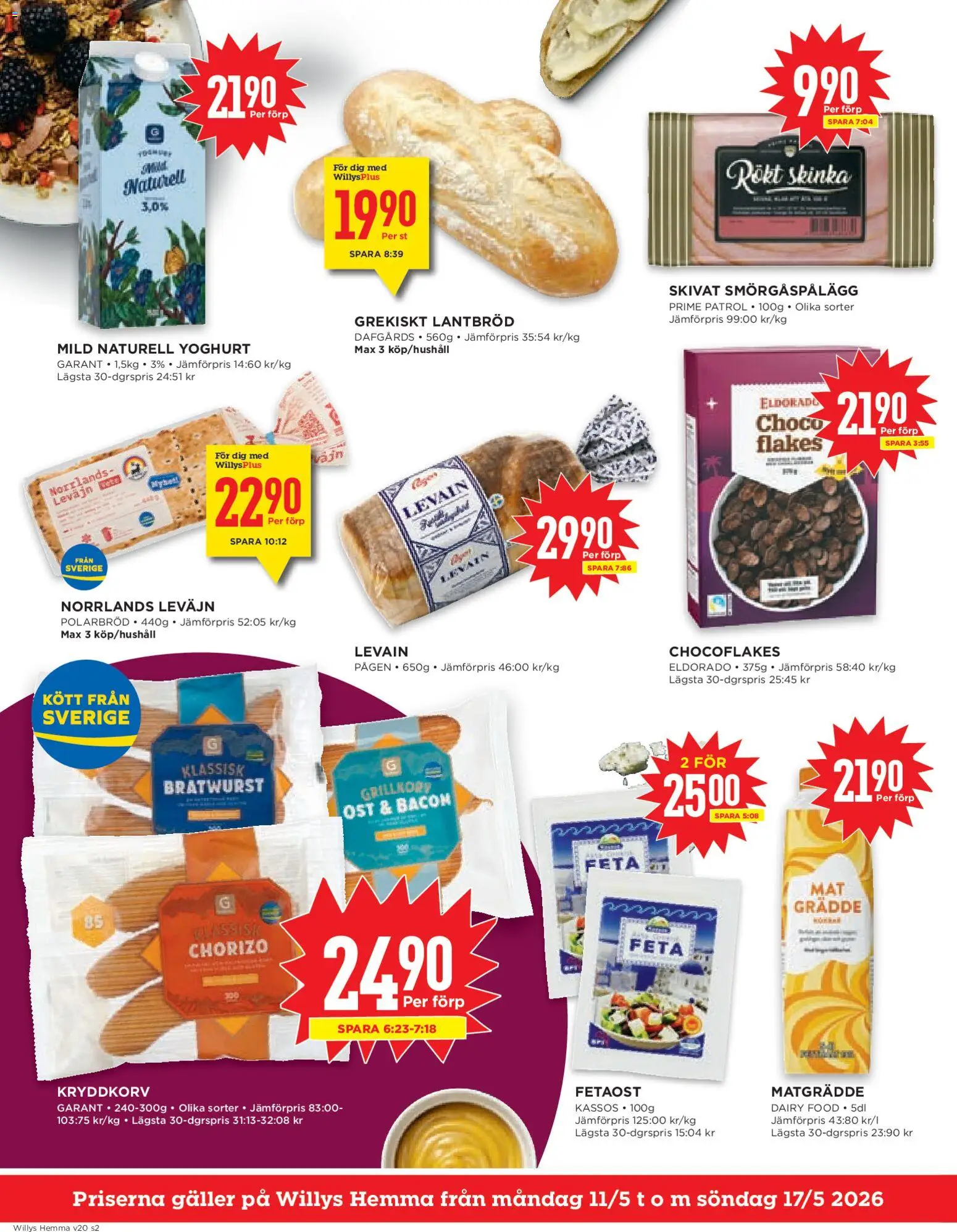 Willys reklamblad aktuell från 11.05.2026 | Sida: 2 | Produkter: Bacon, Fetaost, Smörgåspålägg, Ost