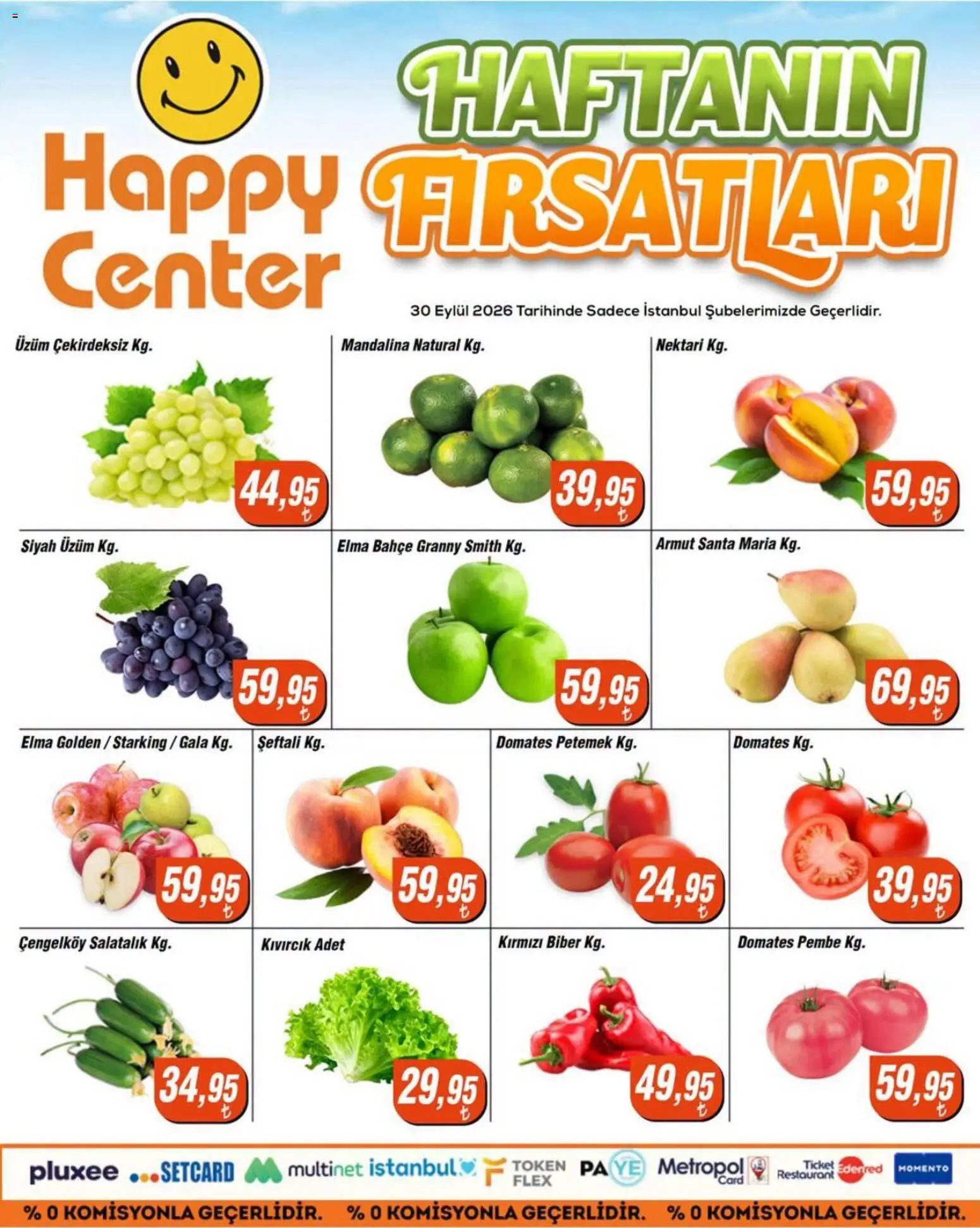 Happy Center - Manav - 29 Eylül 2026 tarihinden itibaren geçerlidir | Sayfa: 1 | Ürünler: Elma, Mandalina, Salatalık, Biber