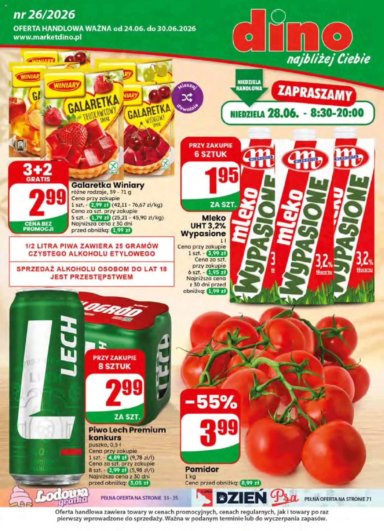 Dino gazetka od 24.06.2026 | Strona: 1 | Produkty: Galaretka, Mleko, Piwo