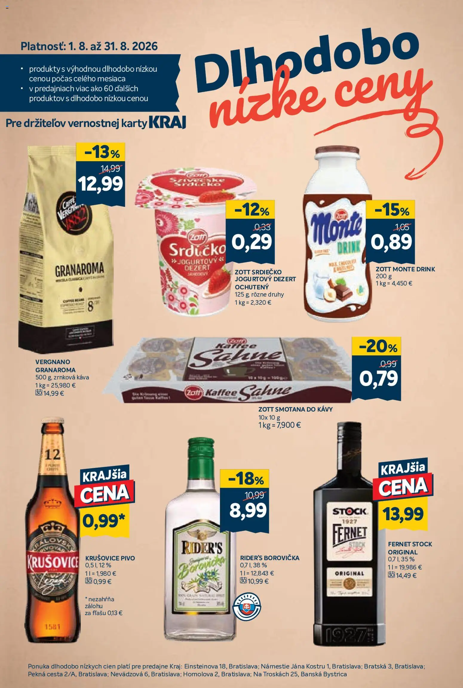 Nové Kraj akcie – leták je platný od 20.08.2026 | Strana: 15 | Produkty: Káva, Smotana, Borovička, Zrnková káva