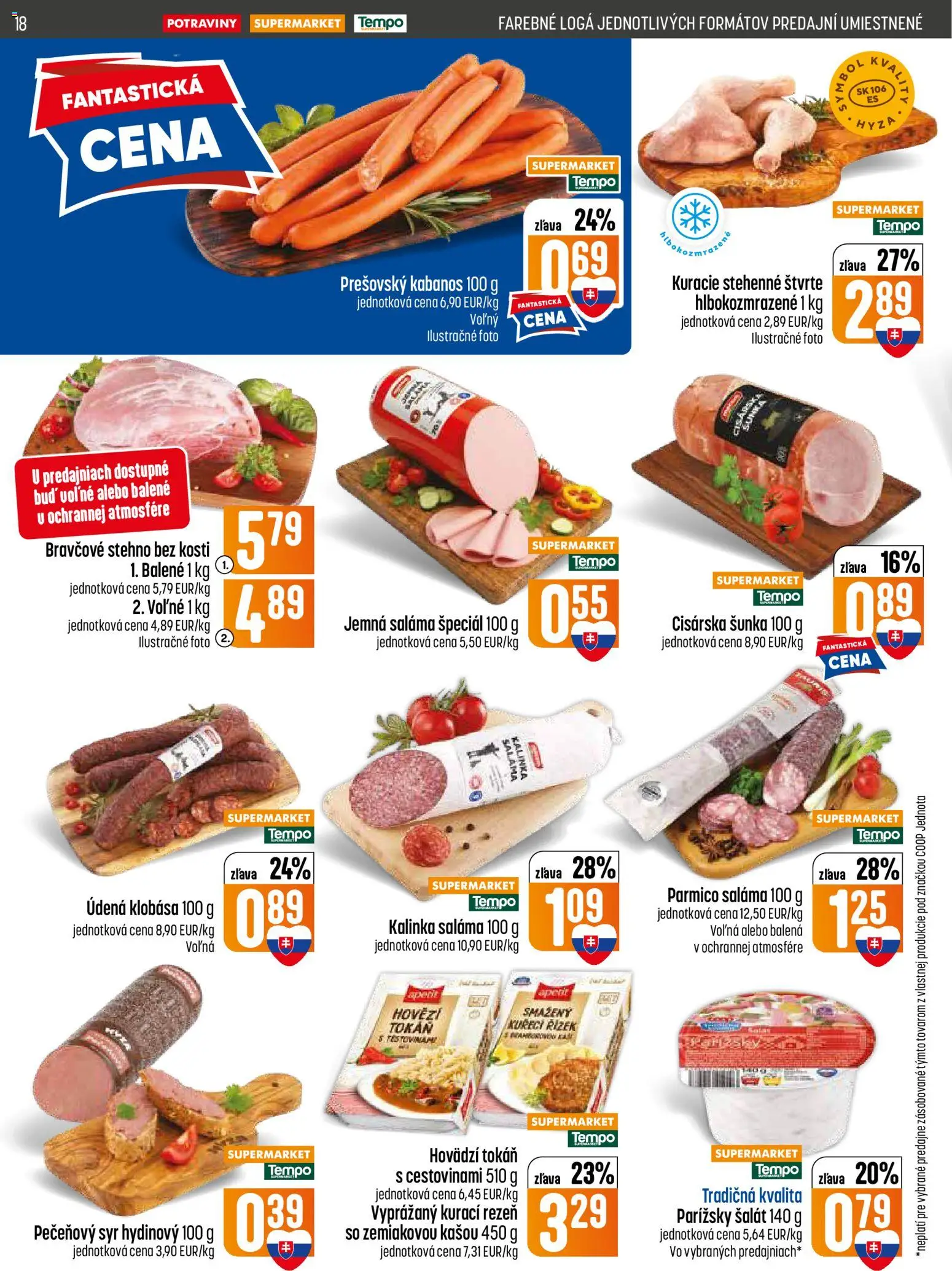 Nové COOP Jednota akcie – leták je platný od 18.06.2026 | Strana: 18 | Produkty: Syr, Klobása, Bravčové stehno, Šalát