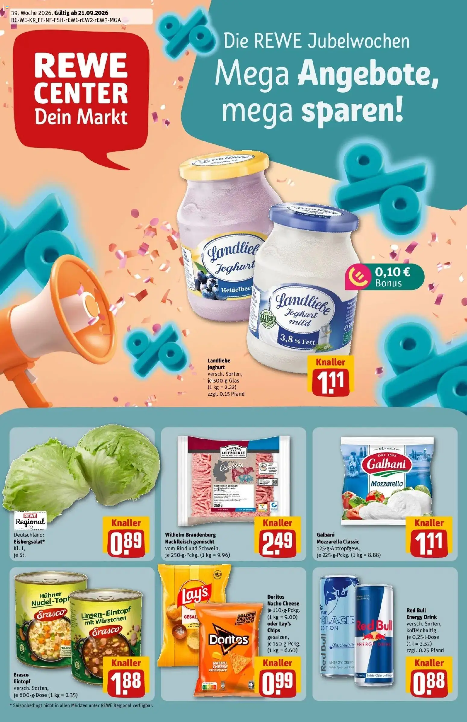 REWE Prospekt ab 21.09.2026 zum Blättern » Angebote | Seite: 1 | Produkte: Red bull, Energy, Landliebe joghurt, Erasco