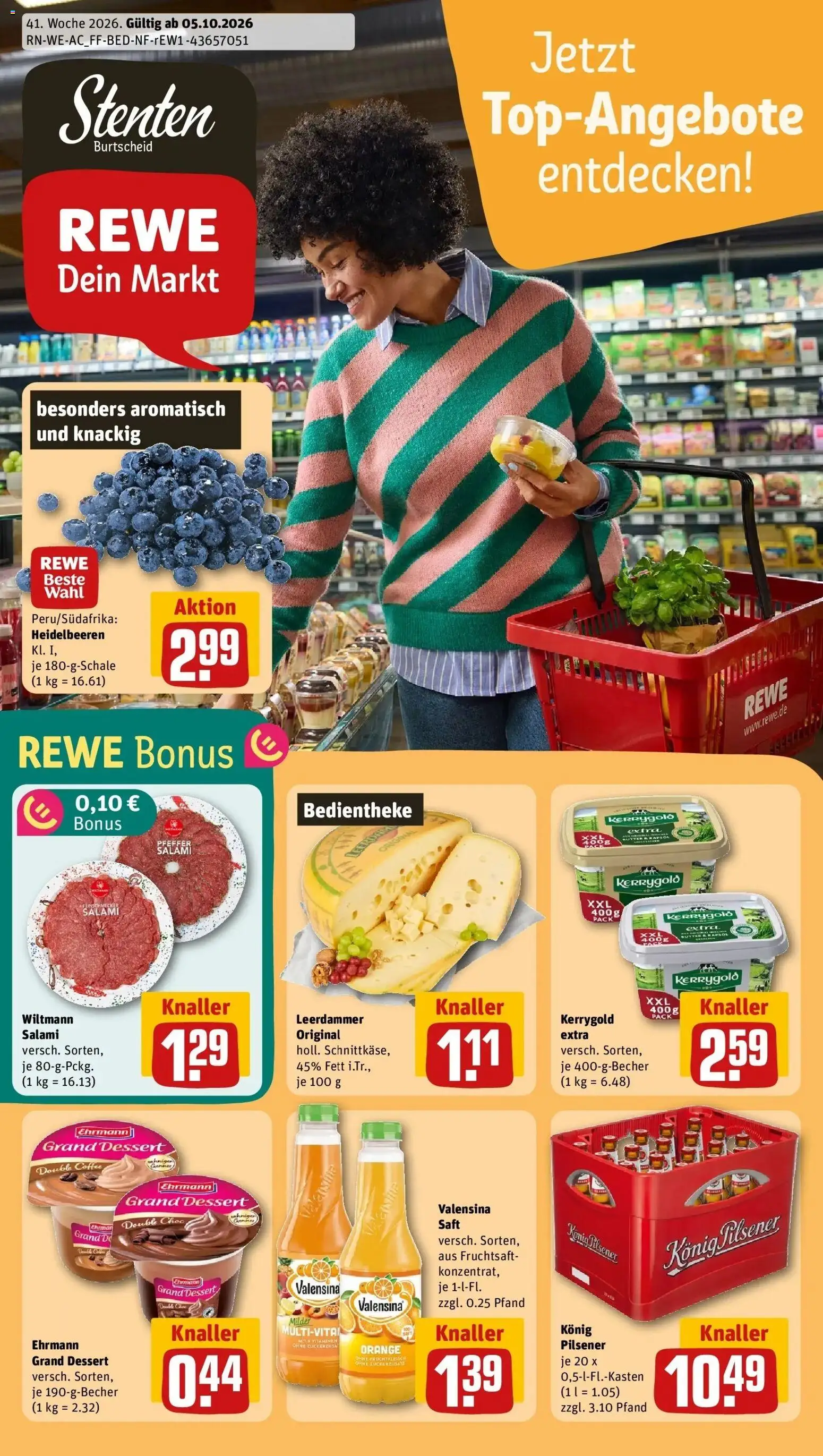 REWE Prospekt ab 05.10.2026 zum Blättern » Angebote | Seite: 5 | Produkte: Leerdammer, Heidelbeeren, Salami, Fruchtsaft