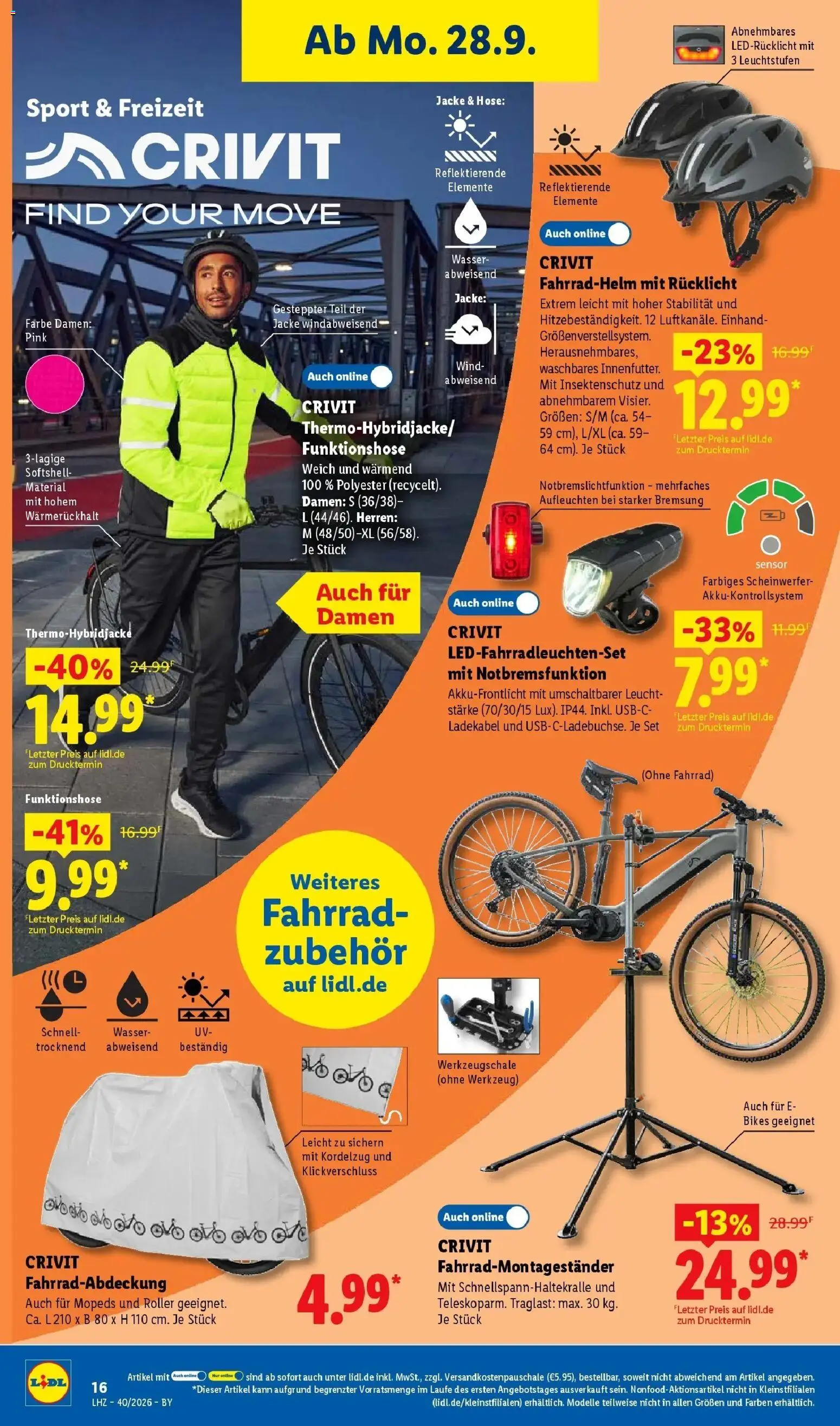Lidl Prospekt Ottobrunn (ab 28.09.2026) zum Blättern » Angebote | Seite: 32 | Produkte: Fahrradhelm, Wasser, Ladekabel, Jacke