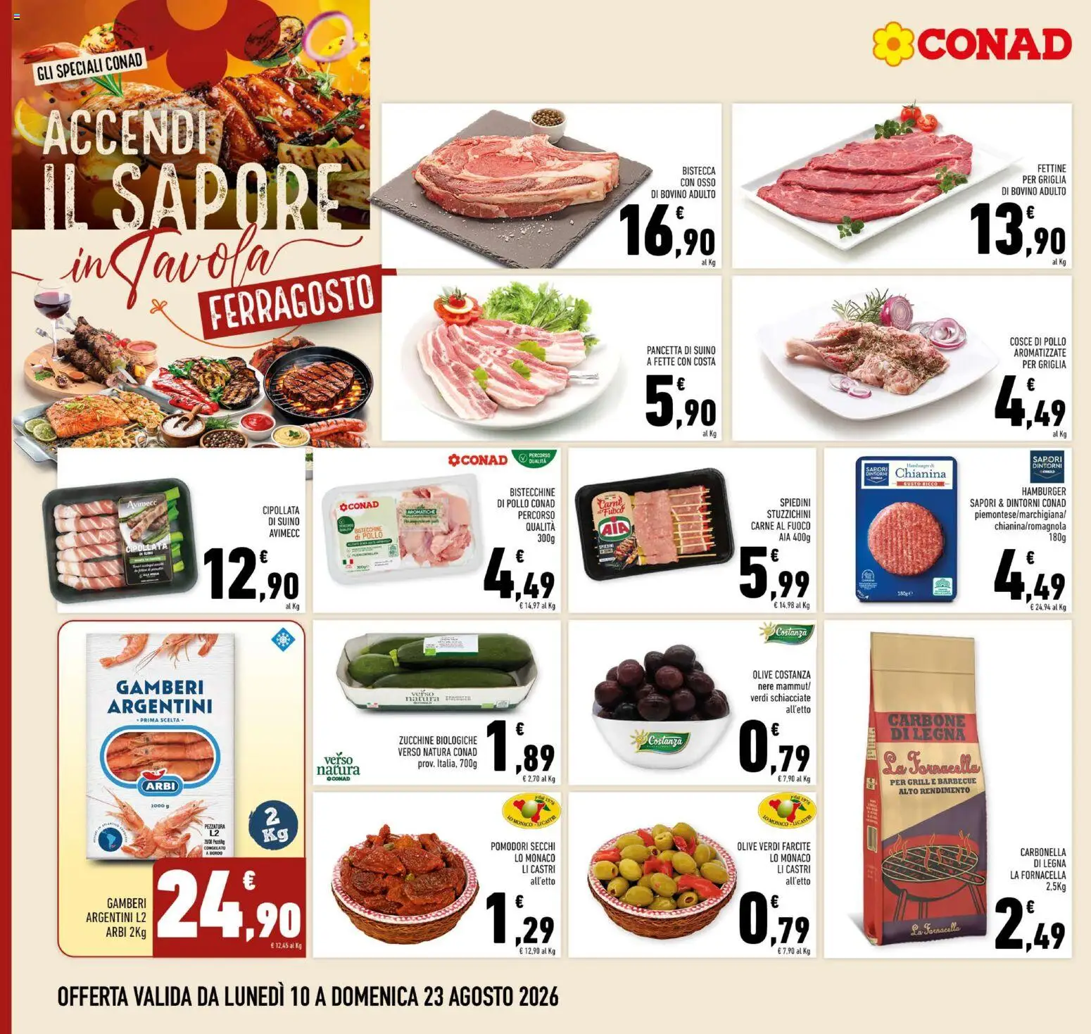 Volantino Conad del 10/08/2026 | Pagina: 8 | Prodotti: Carbone, Zucchine, Hamburger, Pomodori secchi