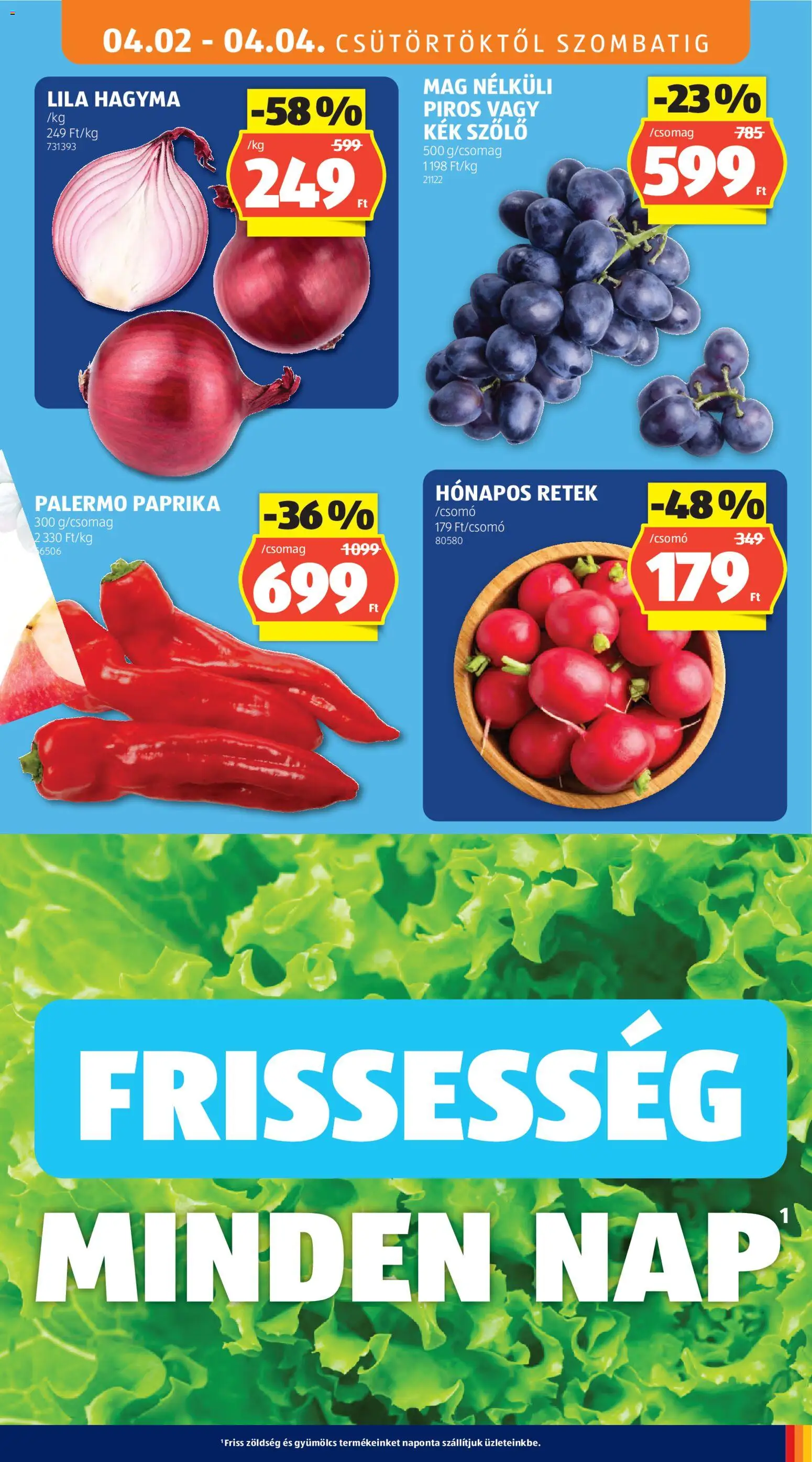 Aldi akciós ujság - amely érvényes a következő dátumtól: 2026.04.02. | Oldal: 9 | Termékek: Szőlő, Gyümölcs, Retek, Zöldség