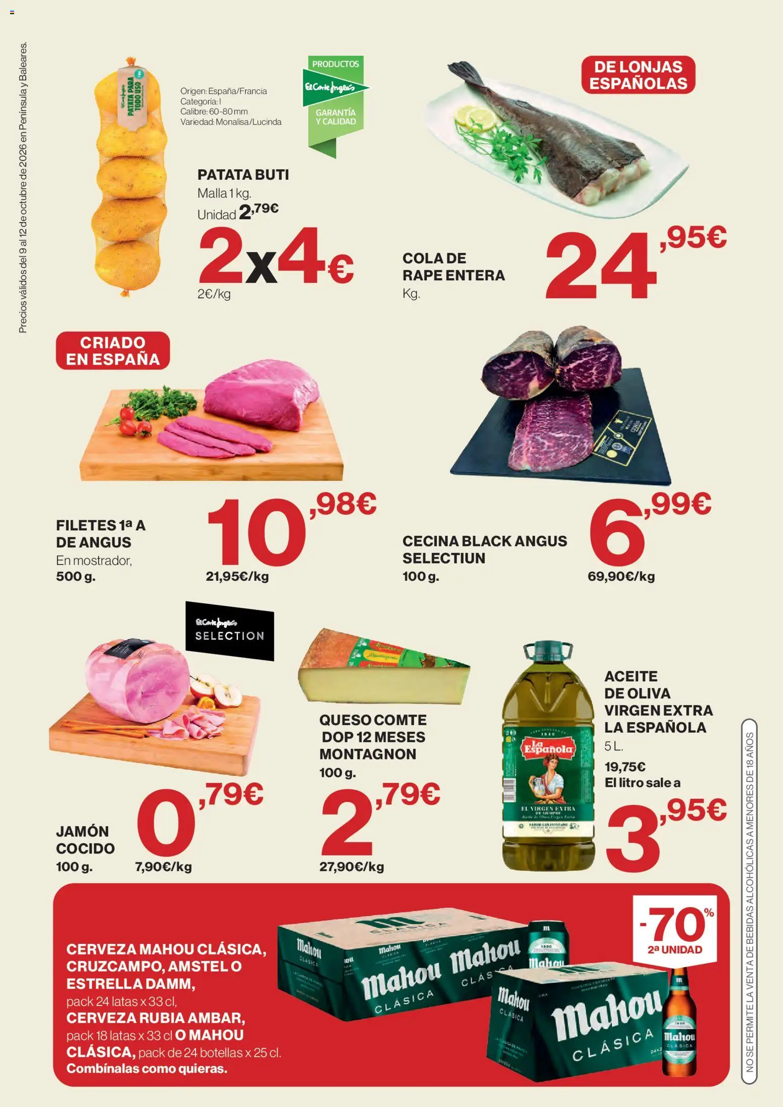 Hipercor Solo 3 días │ válido desde el 09/10/2026 | Página: 2 | Productos: Jamón, Jamón cocido, Cerveza, Aceite de oliva