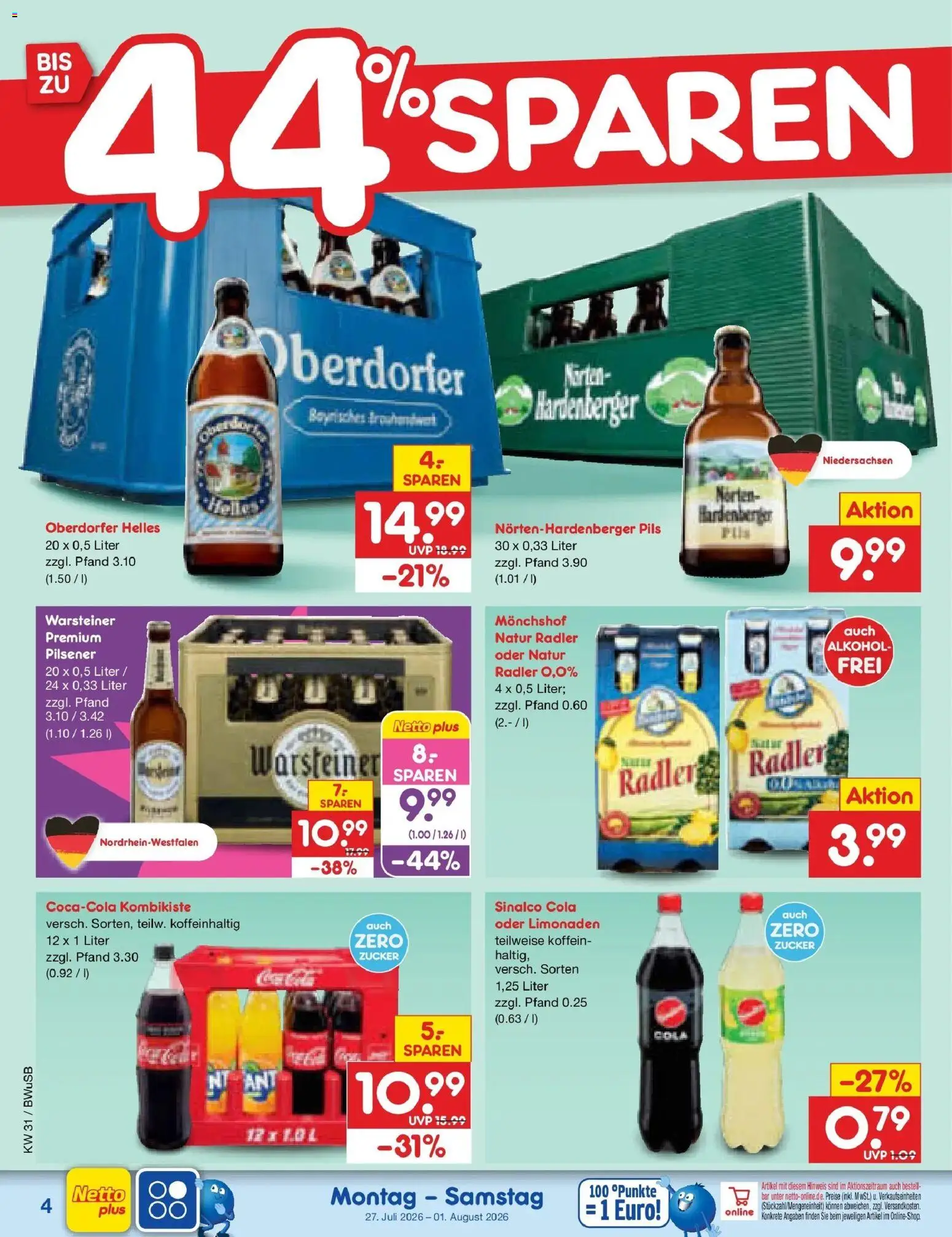 Netto Marken-Discount Prospekt Bielefeld – gültig ab 27.07.2026 | Seite: 4 | Produkte: Monchshof, Pils, Zucker, Warsteiner