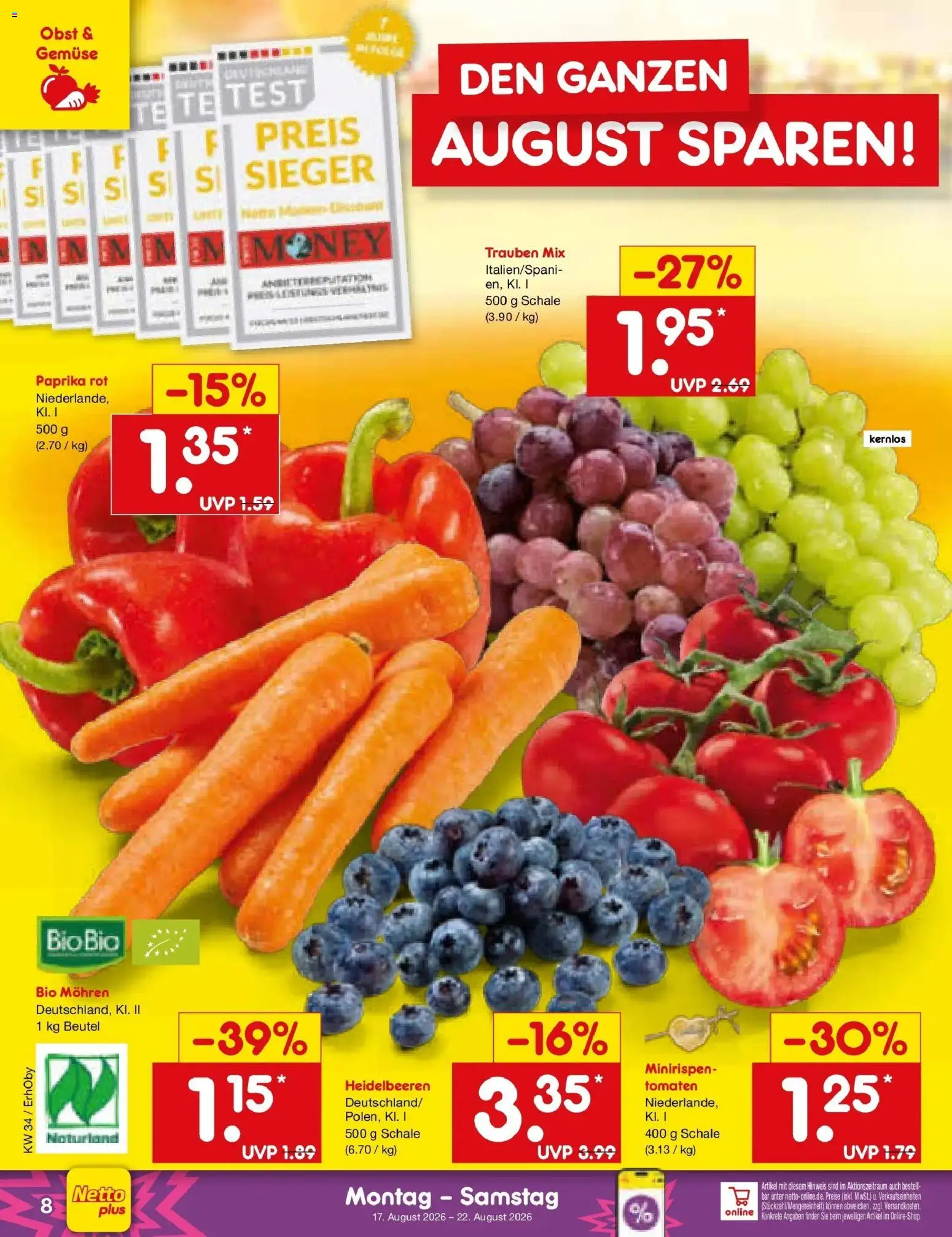 Netto Marken-Discount Prospekt Mauern – gültig ab 17.08.2026 | Seite: 10 | Produkte: Paprika rot, Tomaten, Paprika, Obst