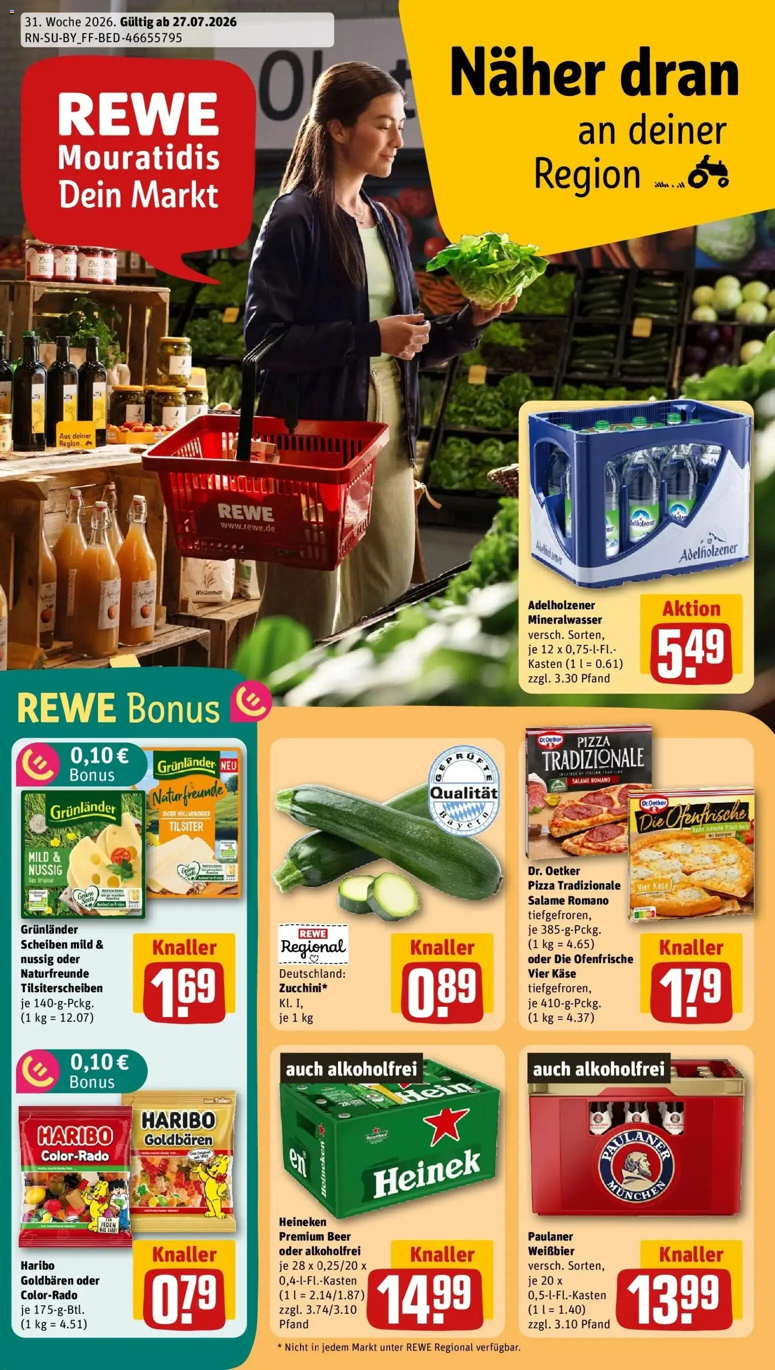 Rewe Prospekt München – gültig ab 27.07.2026 | Seite: 1 | Produkte: Käse, Weißbier, Mineralwasser, Grunlander