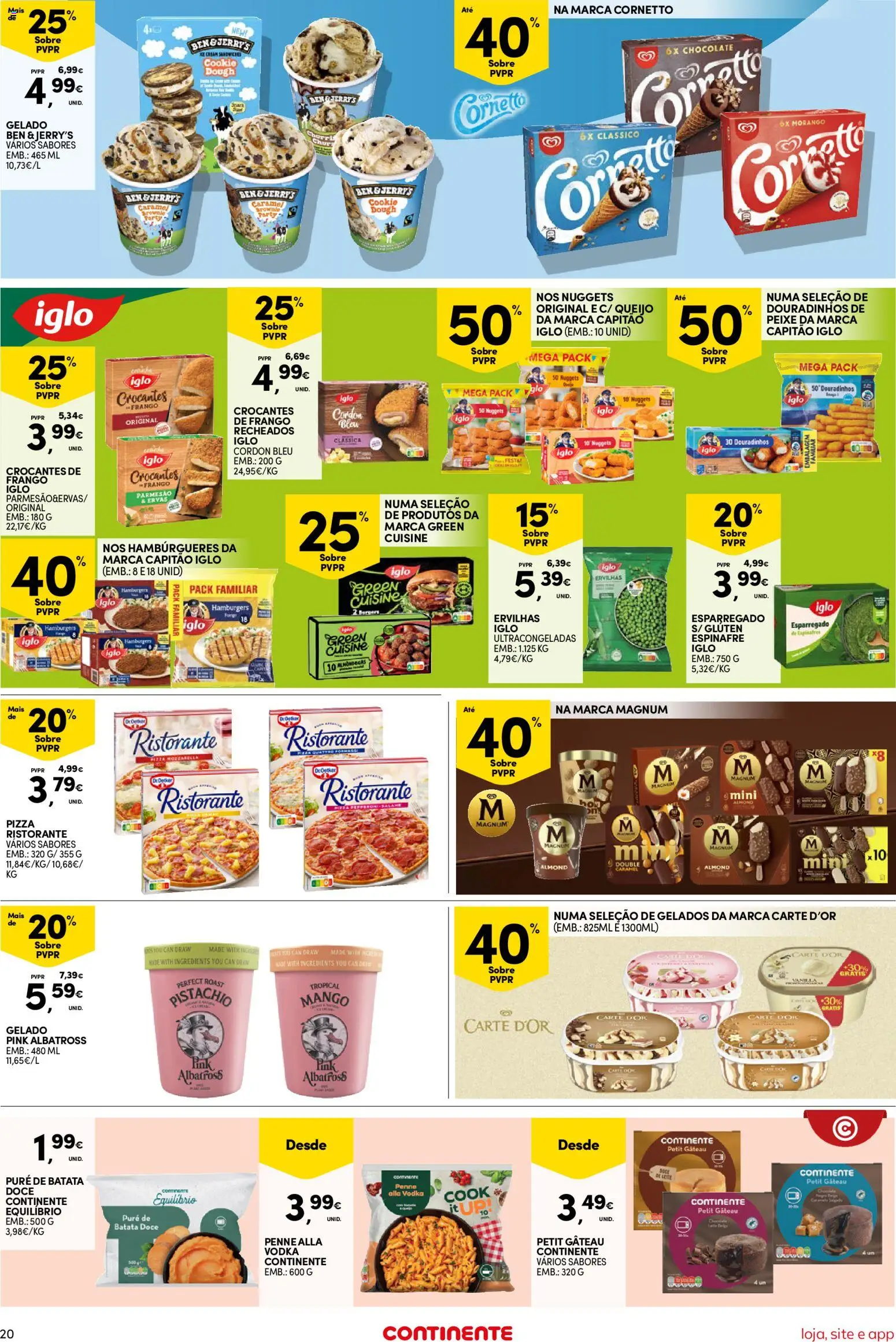 Continente Semanal Continente Bom Dia │ válido de 21.04.2026 | Página: 20 | Produtos: Nuggets de frango, Capitão iglo, Queijo, Vodka