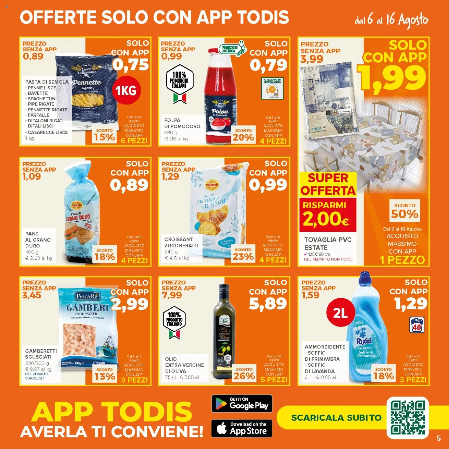 Volantino Todis del 06/08/2026 | Pagina: 5 | Prodotti: Gamberi, Pasta, Lavanda, Gamberetti