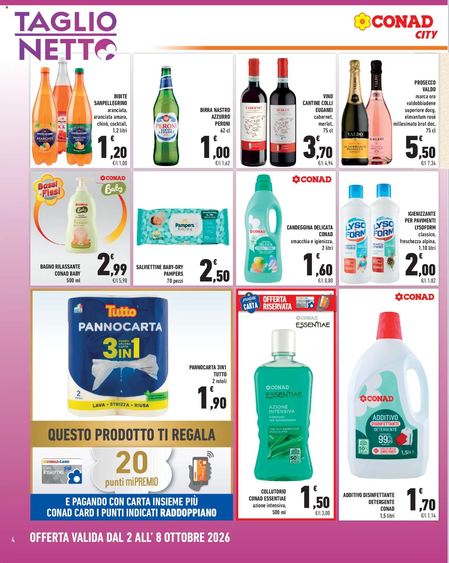 Volantino Conad del 02/10/2026 | Pagina: 4 | Prodotti: Birra, Vino, Pampers, Bibite