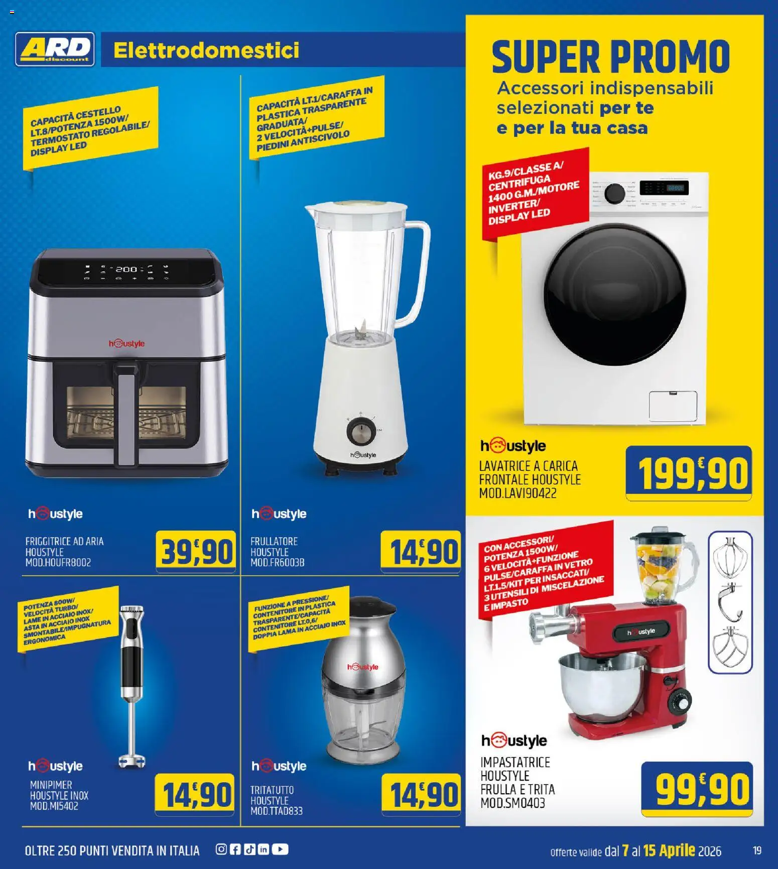 Volantino ARD Discount del 07.04.2026 | Pagina: 19 | Prodotti: Impastatrice, Tritatutto, Lavatrice, Friggitrice
