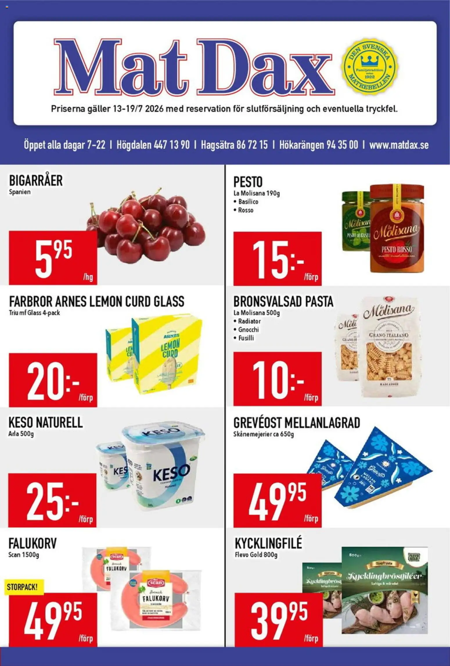 Matdax reklamblad aktuell från 20/07/2026 | Sida: 1 | Produkter: Kycklingfile, Falukorv, Pasta, Pesto