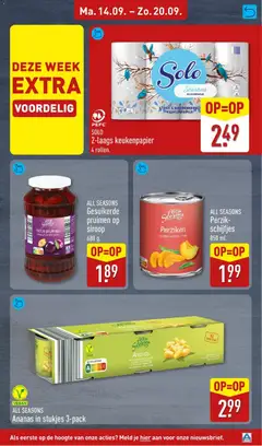 ALL SEASONS Gesuikerde pruimen op siroop 680 g., Halve pruimen zonder pit, op lichte siroop - Voorbeeld van een folder van Aldi, geldig van 14-09-2026 | Pagina: 17 | Producten: Keukenpapier, Ananassap, Pruimen, Perziken