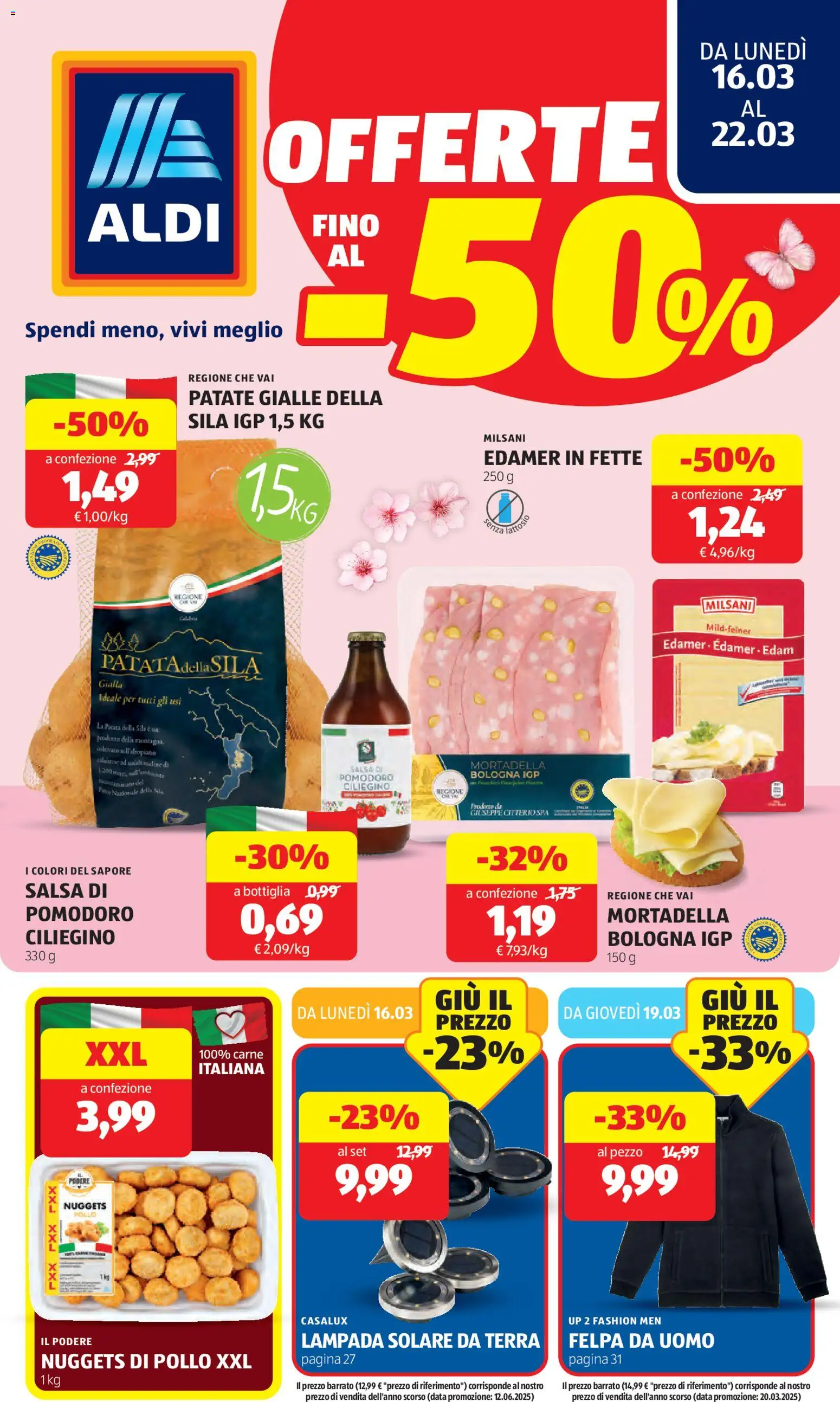 Volantino Aldi del 16.03.2026 | Pagina: 1 | Prodotti: Felpa, Pomodoro, Lampada solare, Bottiglia