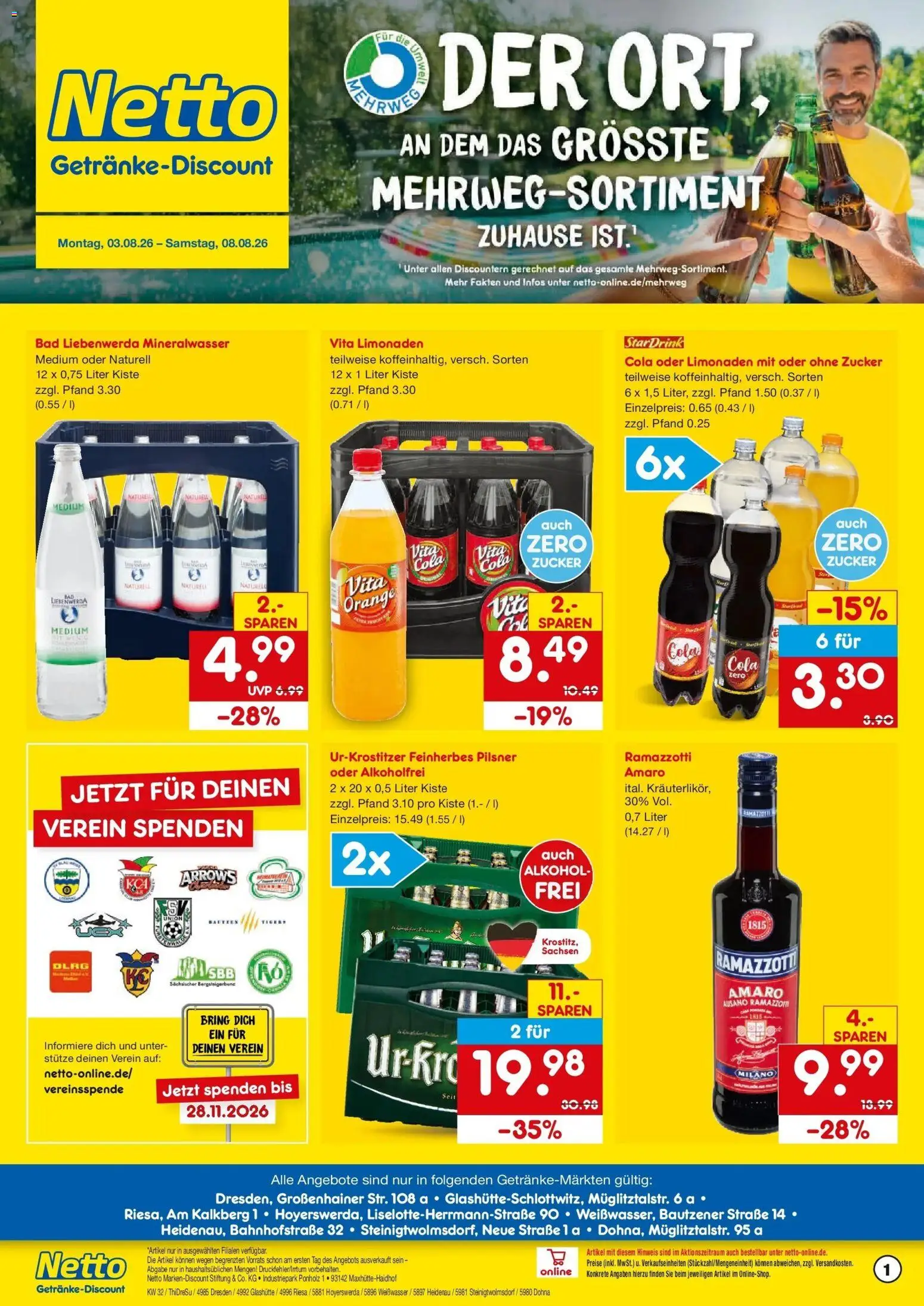 Netto Marken-Discount Prospekt Riesa – gültig ab 03.08.2026 | Seite: 1 | Produkte: Bad, Mineralwasser, Zucker, Ramazzotti
