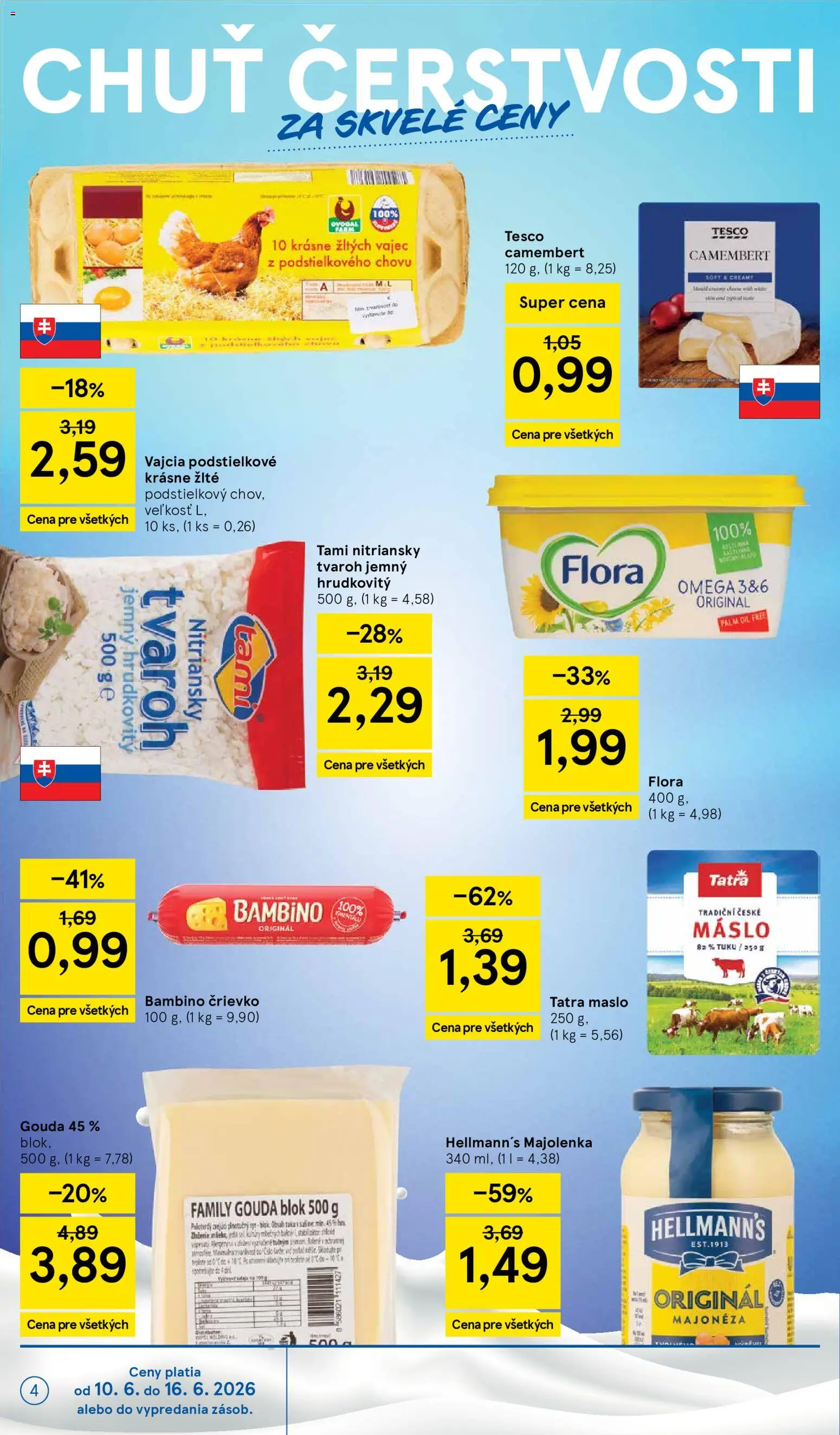 Nové Tesco akcie – leták je platný od 10.06.2026 | Strana: 4 | Produkty: Vajcia, Gouda, Tvaroh, Flora