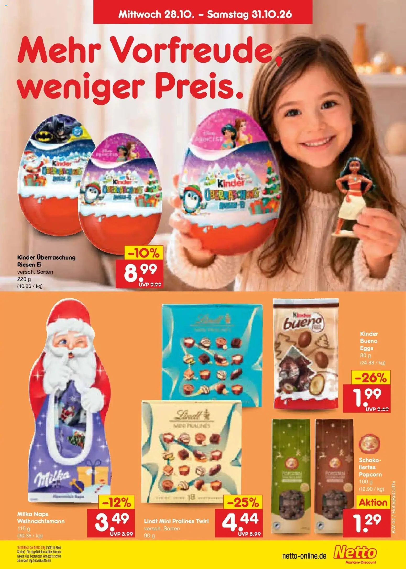 Netto Marken-Discount Prospekt – gültig ab 28.10.2026 | Seite: 10 | Produkte: Kinder bueno, Milka, Lindt, Popcorn