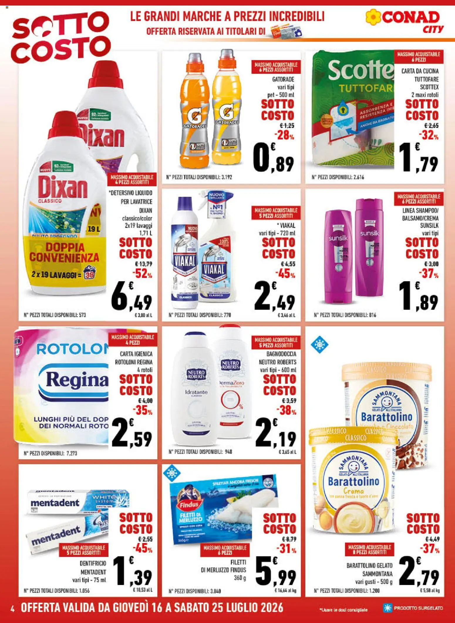 Volantino Conad del 16/07/2026 | Pagina: 4 | Prodotti: Dentifricio, Merluzzo, Gelato, Bagno