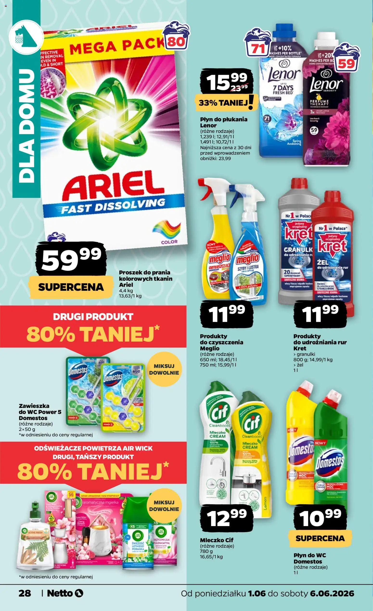 Netto gazetka od poniedziałku spożywcza od 01.06.2026 | Strona: 28 | Produkty: Meglio, Ariel, Domestos, Płyn do WC Domestos