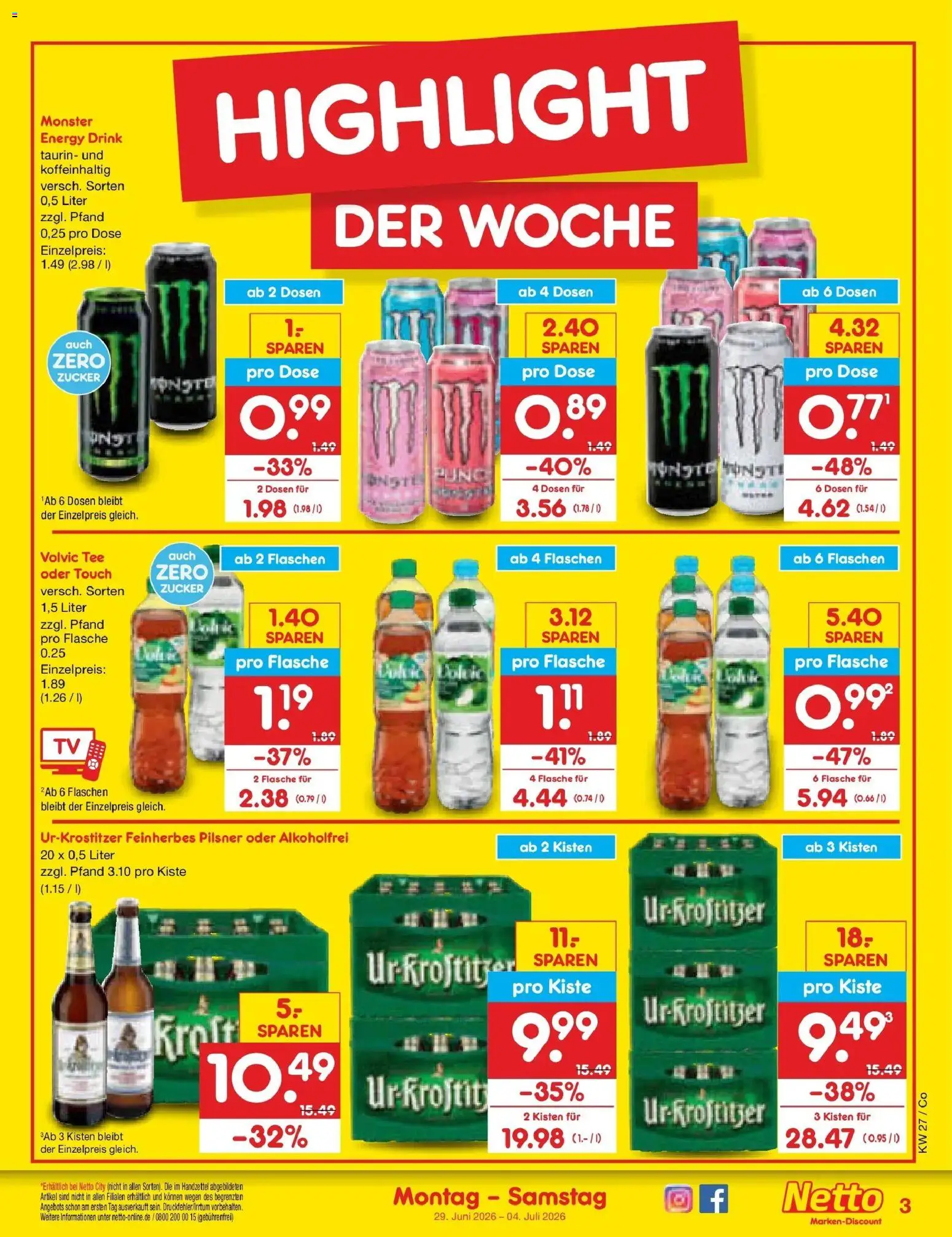 Netto Marken-Discount Prospekt Bitterfeld-Wolfen – gültig ab 29.06.2026 | Seite: 3 | Produkte: Energy, Volvic tee, Monster, TV