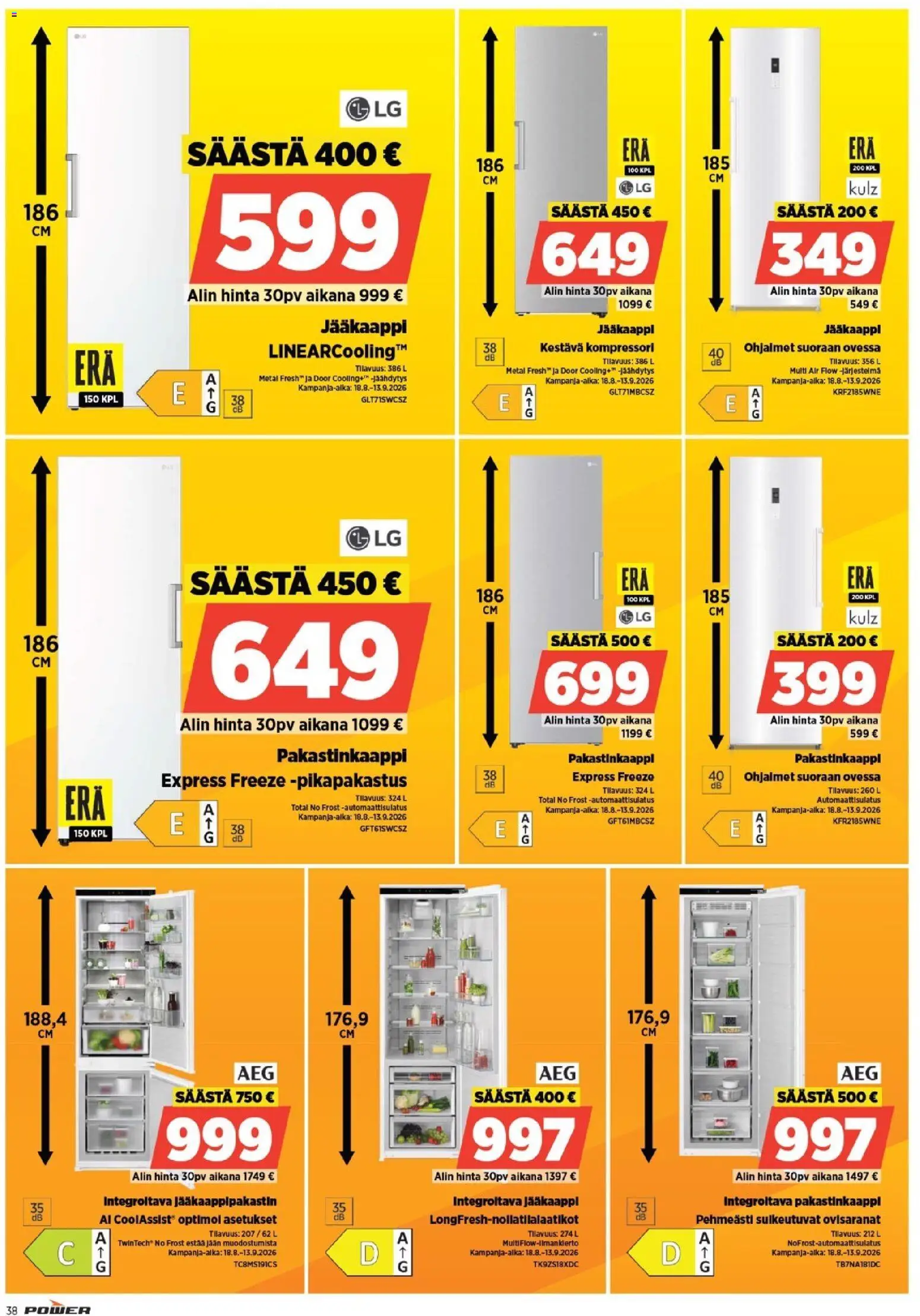 Power tarjoukset – voimassa 25/08/2026 alkaen | Sivu: 38 | Tuotteet: Jääkaappipakastin, Pakastinkaappi
