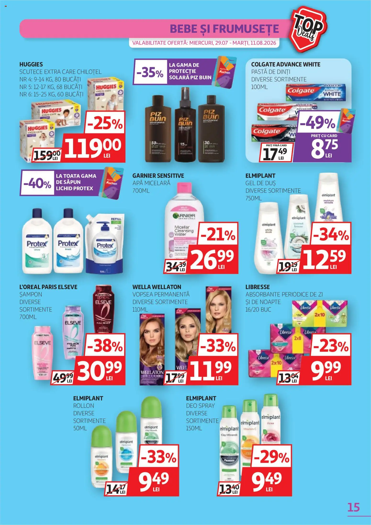 Noul catalog Auchan – valabil de la 29.07.2026 | Pagină: 15 | Produse: Săpun, Pastă de dinți, Absorbante, Scutece