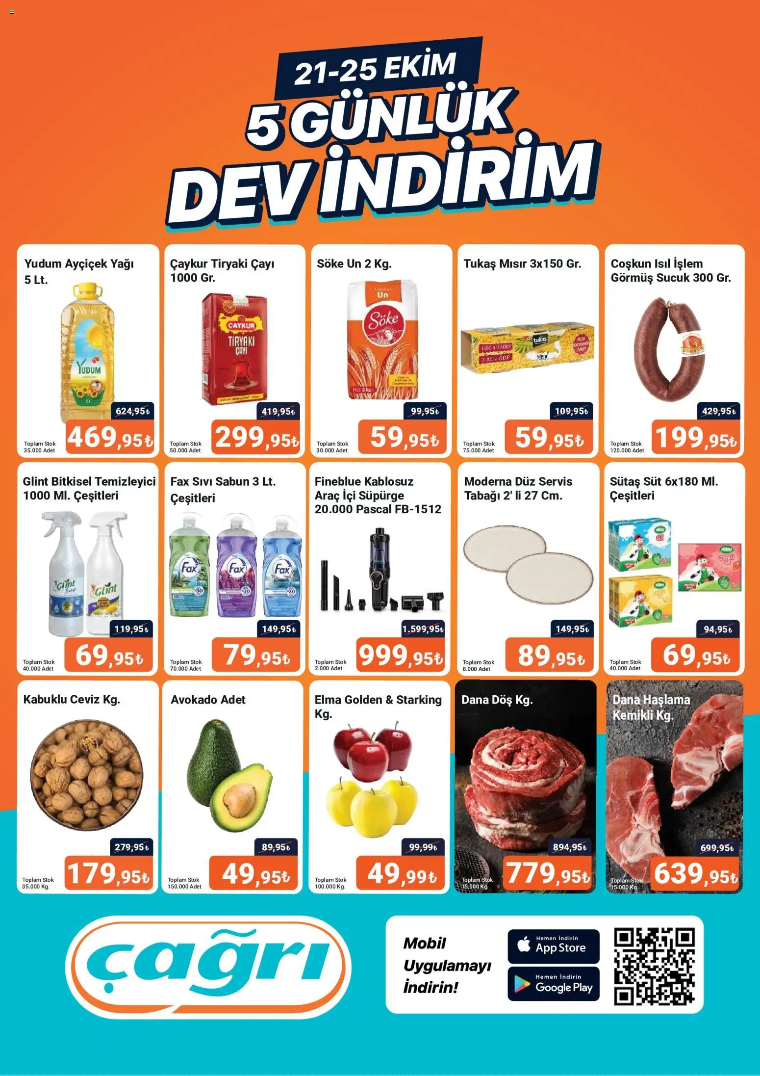 Çağrı Market - 5 Günlük Dev İndirim - 21 Ekim 2026 tarihinden itibaren geçerlidir | Sayfa: 1 | Ürünler: Sabun, Süt, Elma, Sucuk