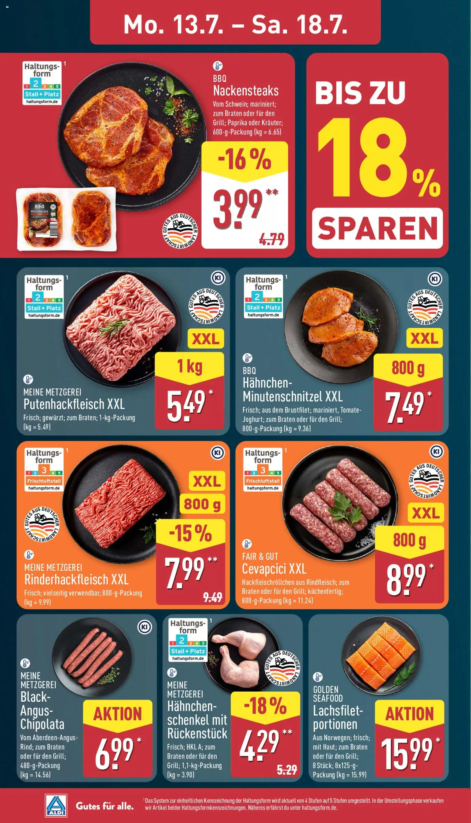 Aldi Prospekt – gültig ab 13.07.2026 | Seite: 4 | Produkte: Nackensteaks, Hahnchen, Hahnchenschenkel, Cevapcici